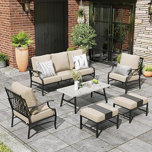 Patio Furniture Set 6 pcs, Outdoor Patio Furniture, 3-Seat Sofa, 2 Single Chairs, 2 Ottomans, Coffee Table and 5.75" Extra Thick Cushion, Patio Conversation Set,Beige