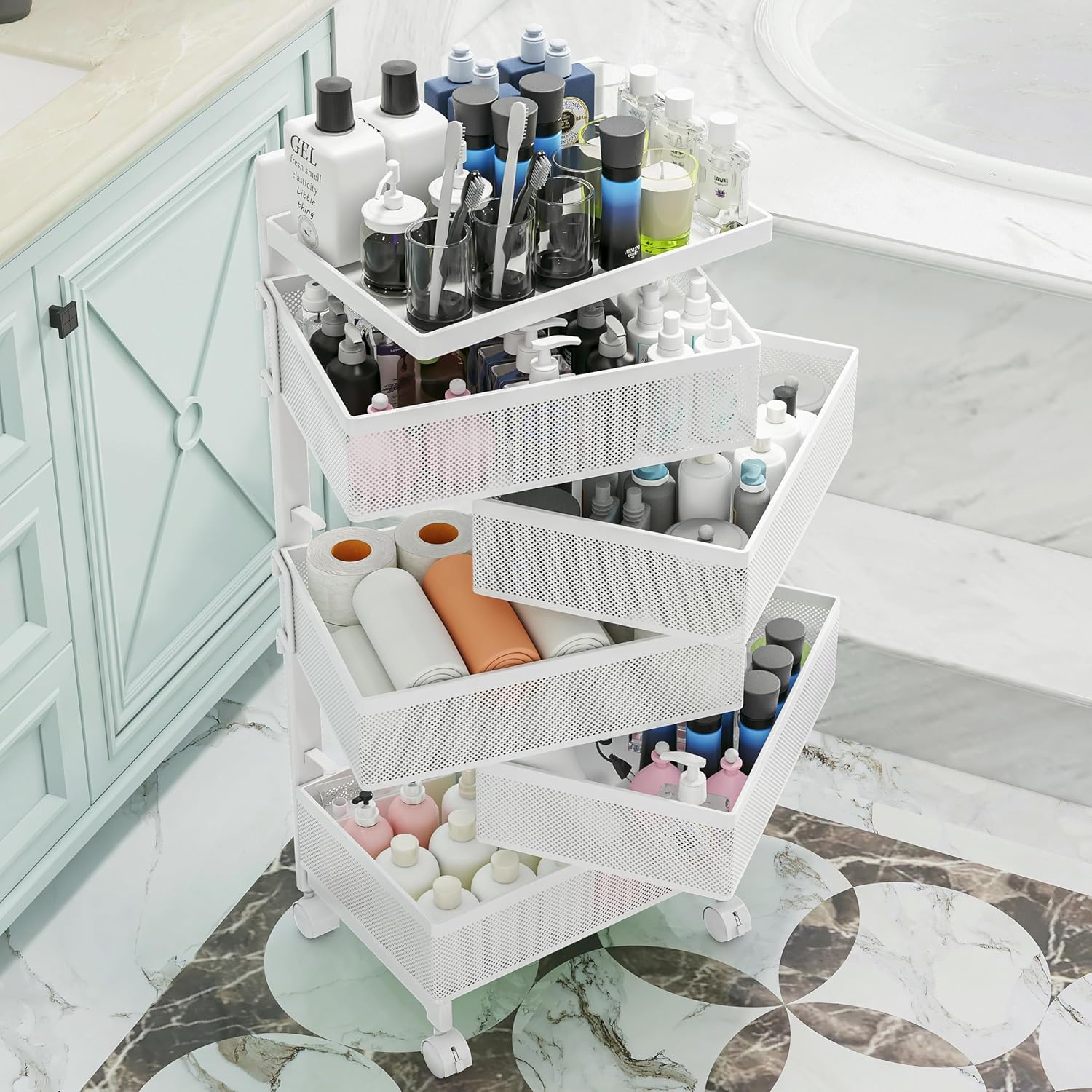 Fruit Basket for Kitchen No Assembly, Rolling Rotating Storage Cart,Bathroom Shelf,Mobile Metal Utility Storage Cart,Potato and Onion Storage Drawer Cart(Bright White, 5 Tier-Square)