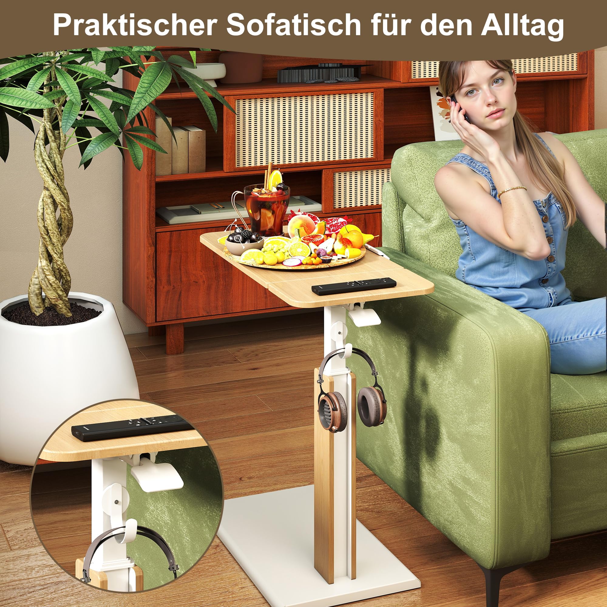 ETHU Klappbarer Laptoptisch mit Rollen, Höhenverstellbarer Nachttisch (67-101 cm) & Neigbare XXL-Tischplatte, Mobiler Beistelltisch für Bett, Sofa & Homeoffice (Eiche)