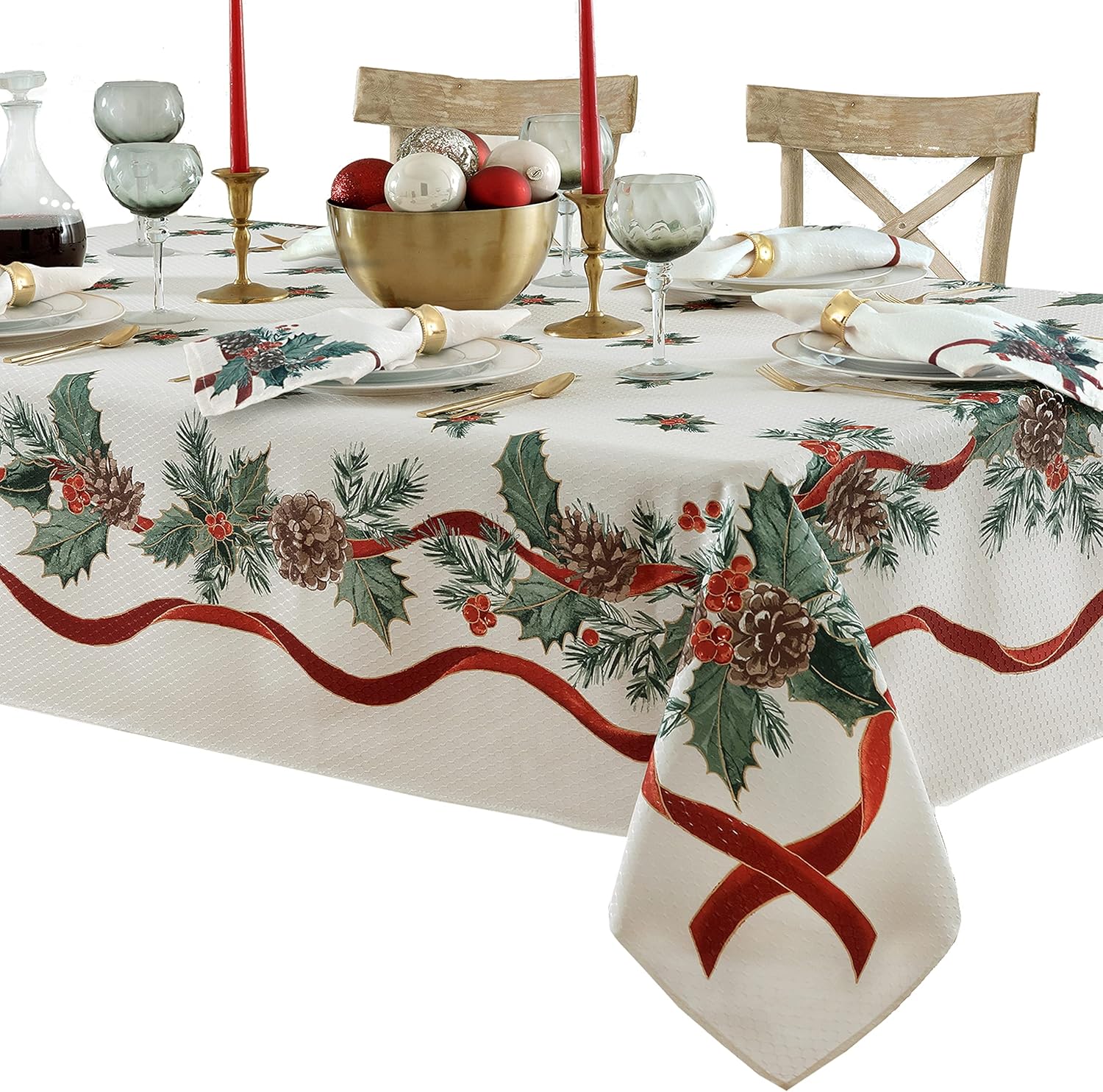 Lintex Evergreen Garland Double Ribbon Bordered Christmas Fabric Tablecloth, 60 x 144 Inch Rectangle, Holly and Pine Cone Holiday Print, Easy Care Country Cottage Christmas Table Cover