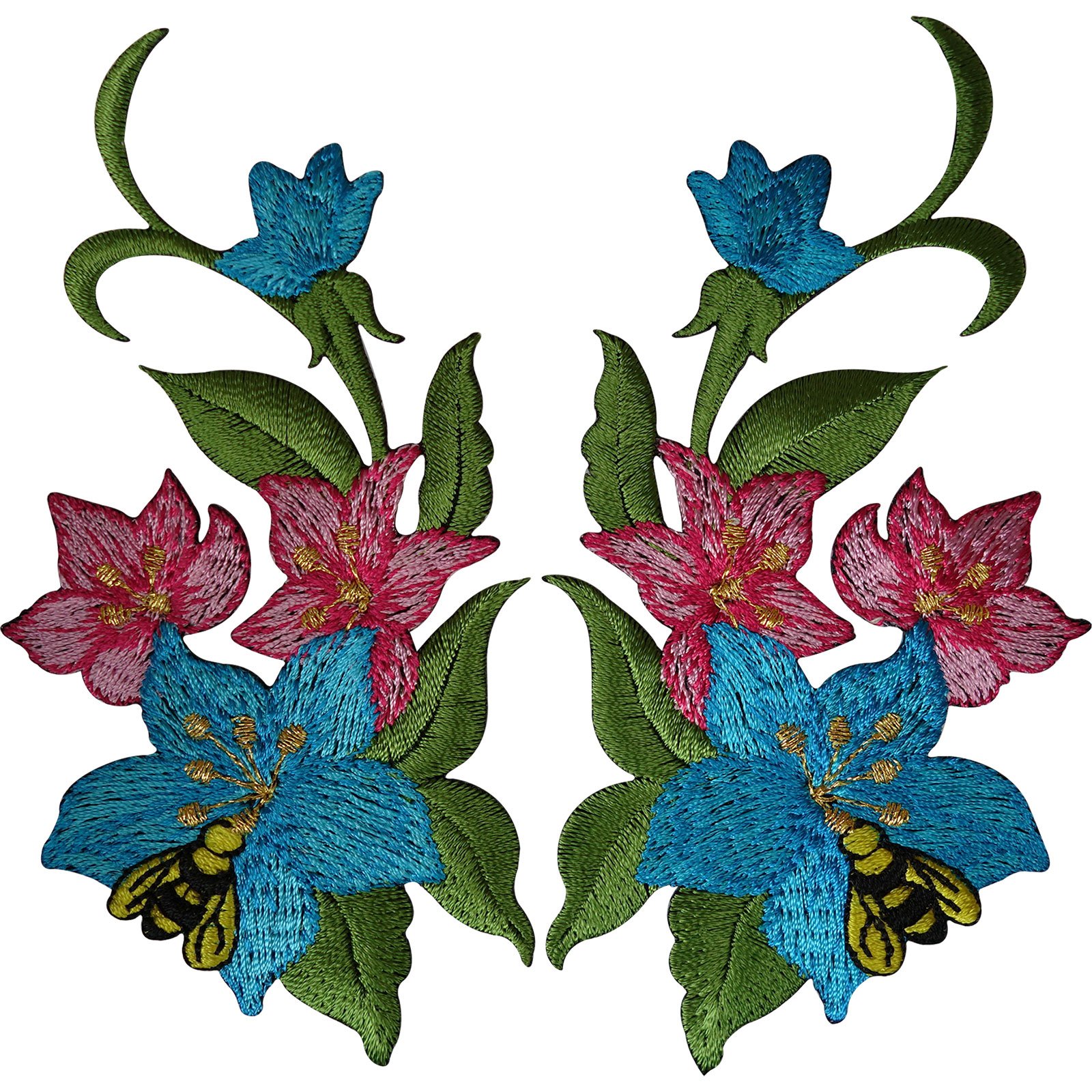 Ellu Blue Pair Of Flower Patches Iron Sew On Embroidered Patch Badge Bee Wasp Lily Flowers