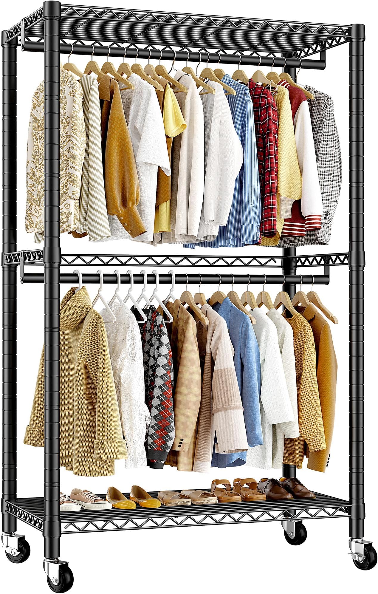 – REIBII Clothes Rail, Clothes Rack, 200cm Tall Heavy Duty Clothes Rails for Bedroom, Metal Clothing Rail on Wheels Portable Open Wardrobe with Adjustable Shelves, 200H x 40D x 90W cm, Black