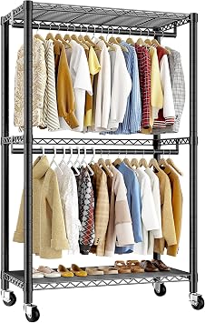 REIBII 200 CM Tall Heavy Duty Clothes Rail, 2 Hanging Rail & 2 Shelves | Height Adjustable & Sturdy Frame, 175KG Load, Tool-Free Installation, Clothes Rack on Wheels for Bedroom, Laundry, Balcony