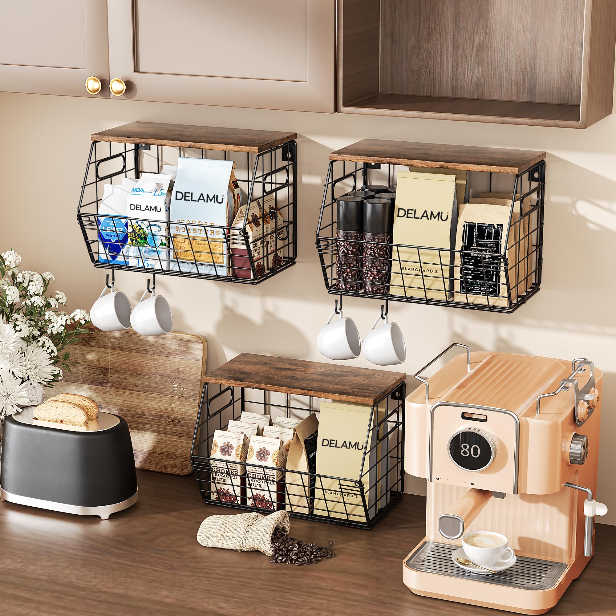Delamu Cesta de frutas de metal apilable con tapa de madera, paquete de 3, organizador de pared colgante para encimera de cocina, almacenamiento de despensa para cebollas, patatas, garli, frutas