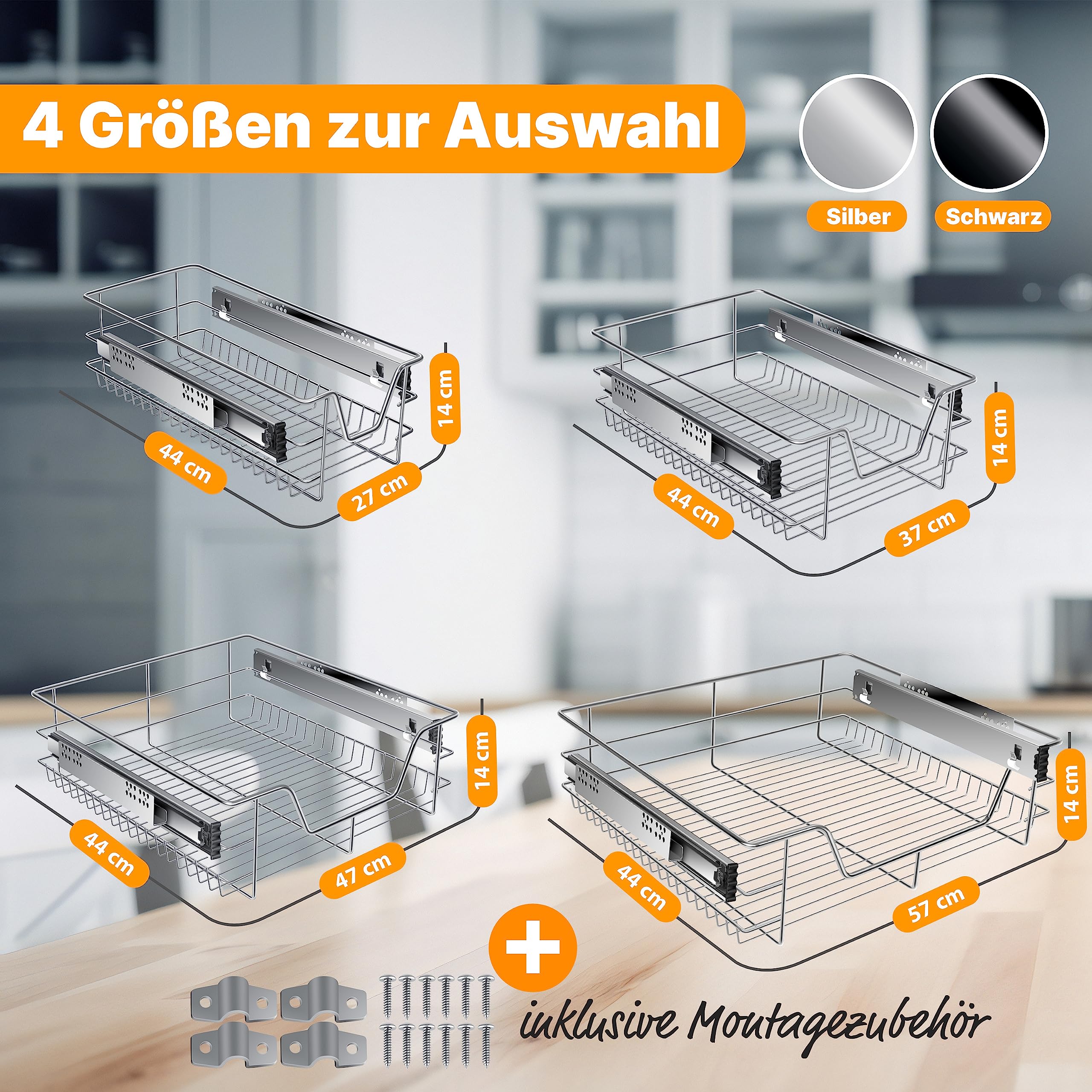 KESSER® Teleskopschublade 3er Set 60cm Schrankbreite verchromt aus Edelstahl Schubladeneinsatz für Küchenschrank Korbauszug Schrankauszug, Silber