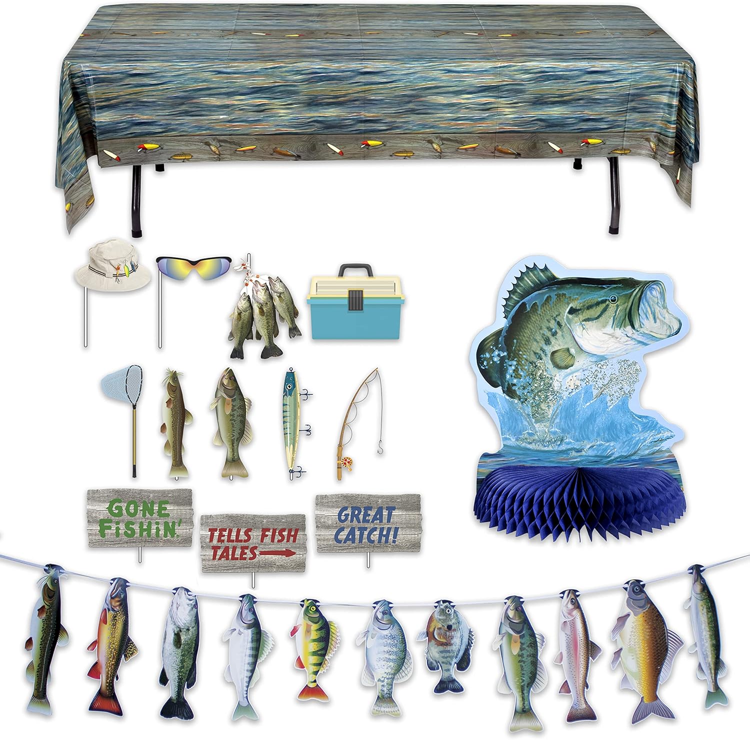 Havercamp Fishing Party Decorations Kit! Includes:1 Lg. Bass Centerpiece, 1 String of Fish Banner, 12 Fun Photo Props, and 1 Plastic Reusable Tablecover. Party Catch of The Day!