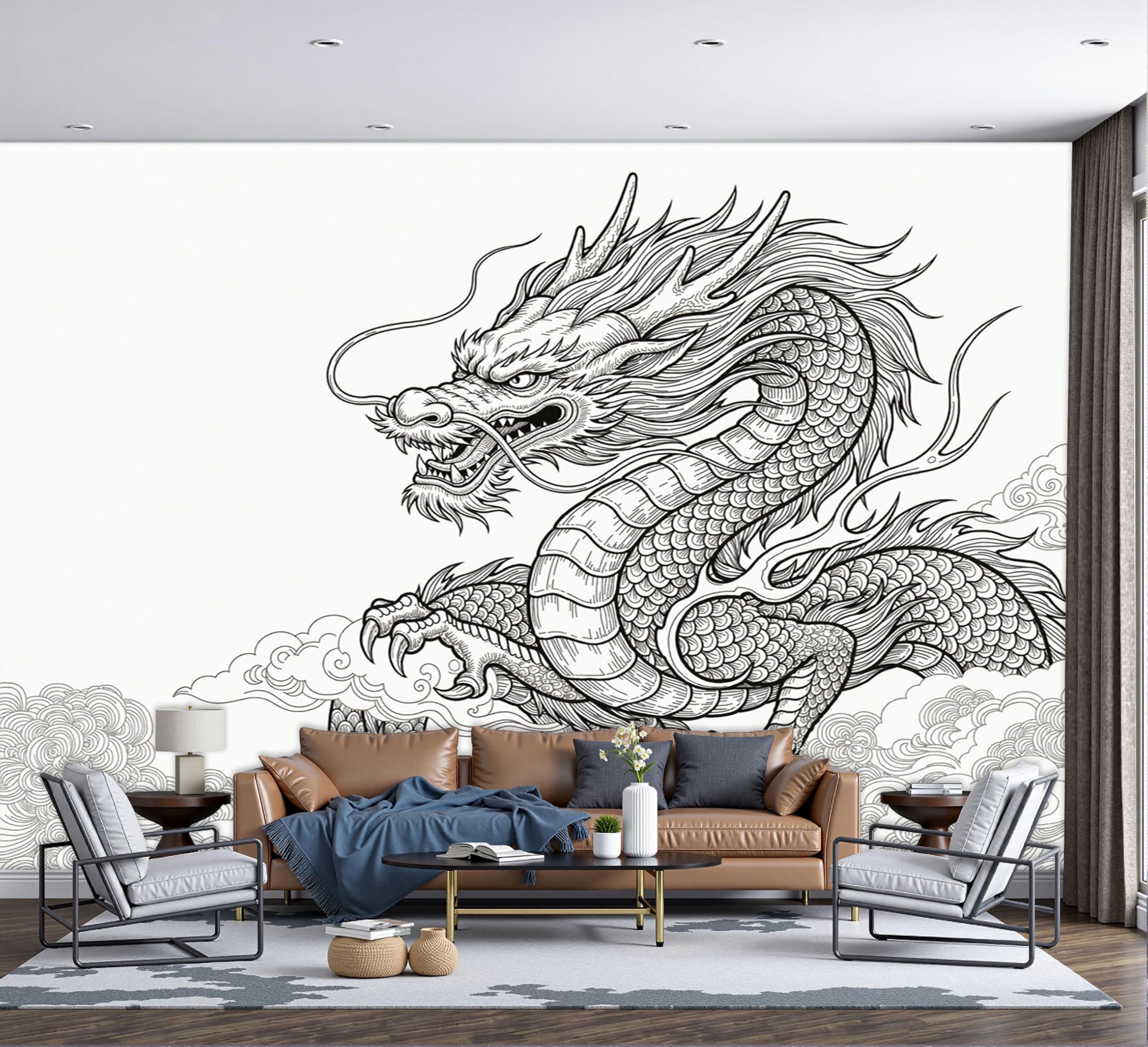 Papier peint panoramique dragon chinois 3D 450x315cm noir et blanc pour salon