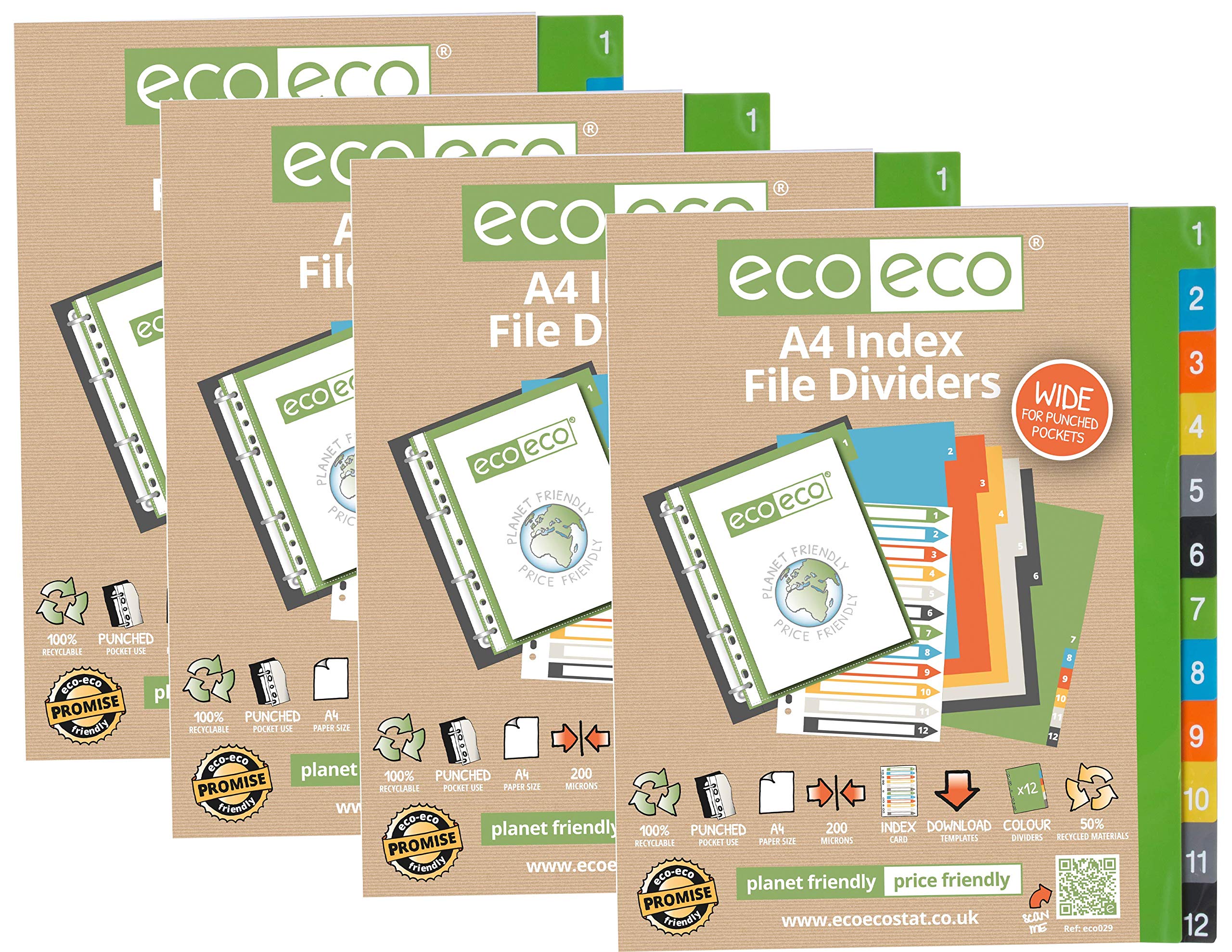 eco-eco A4 50% Recycled Multipunched Reinforced Colour Recycled Set 12 Wide Index File Dividers 200mic (Pack of 4), eco029x4
