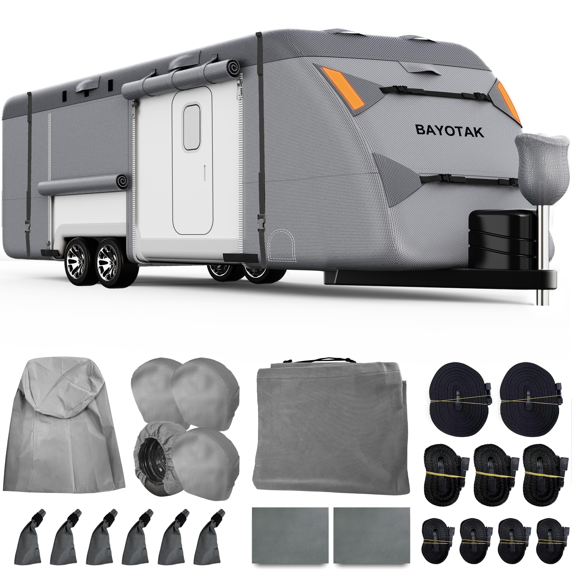BAYOTAK RV Cover, 18-20 ft Camper Travel Trailer Cover, 7-Layer 500D Oxford Fabric, Waterproof Windproof Anti-UV, with Storage Bag, Jack Cover, Tire Covers, Gutter Covers & Repair Patches
