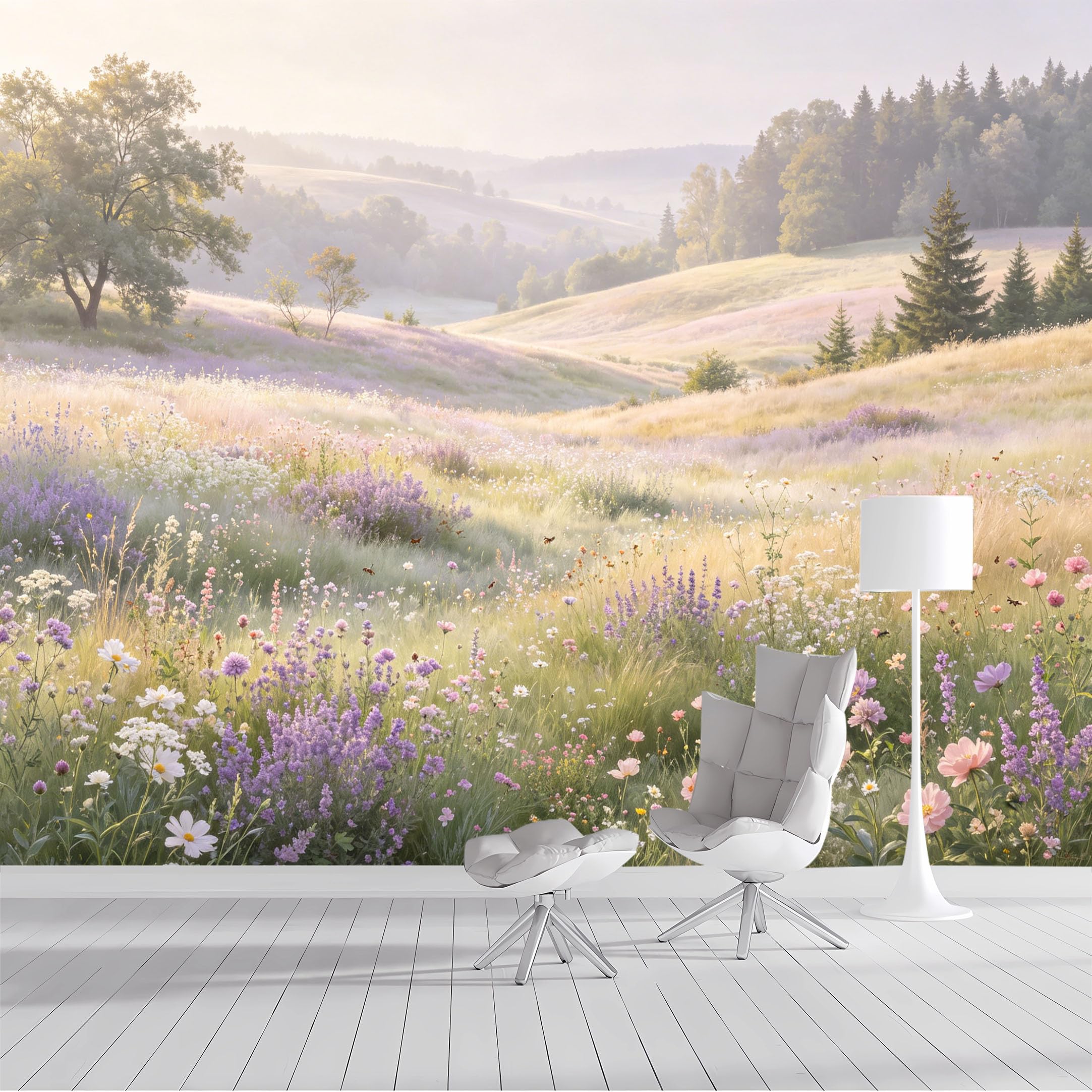 Custom Size Wall Mural Wildflower Meadow Pastoral Landscape Watercolor SelfAdhesive Wall Fabric Removable Peel and Stick Wallpaper Wall Decor for Living Room Bedroom Bathroom