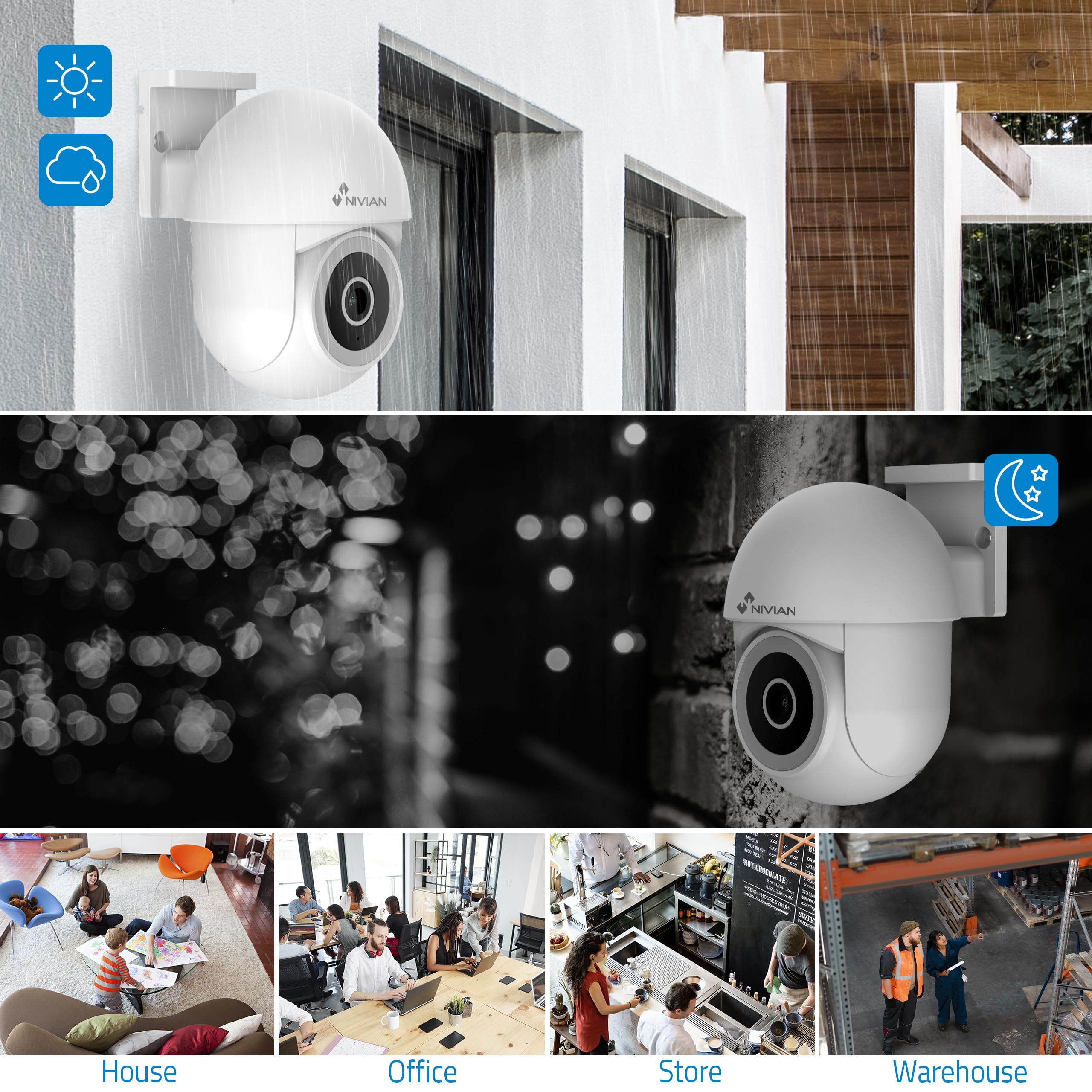 NIVIAN Cámara WiFi PTZ 2K 3MP con Giro 360° y Visión Nocturna IR | Seguimiento Automático, Audio Bidireccional, IP65 | Seguridad Inteligente para Casa y Negocio | App Tuya + Alexa/Google