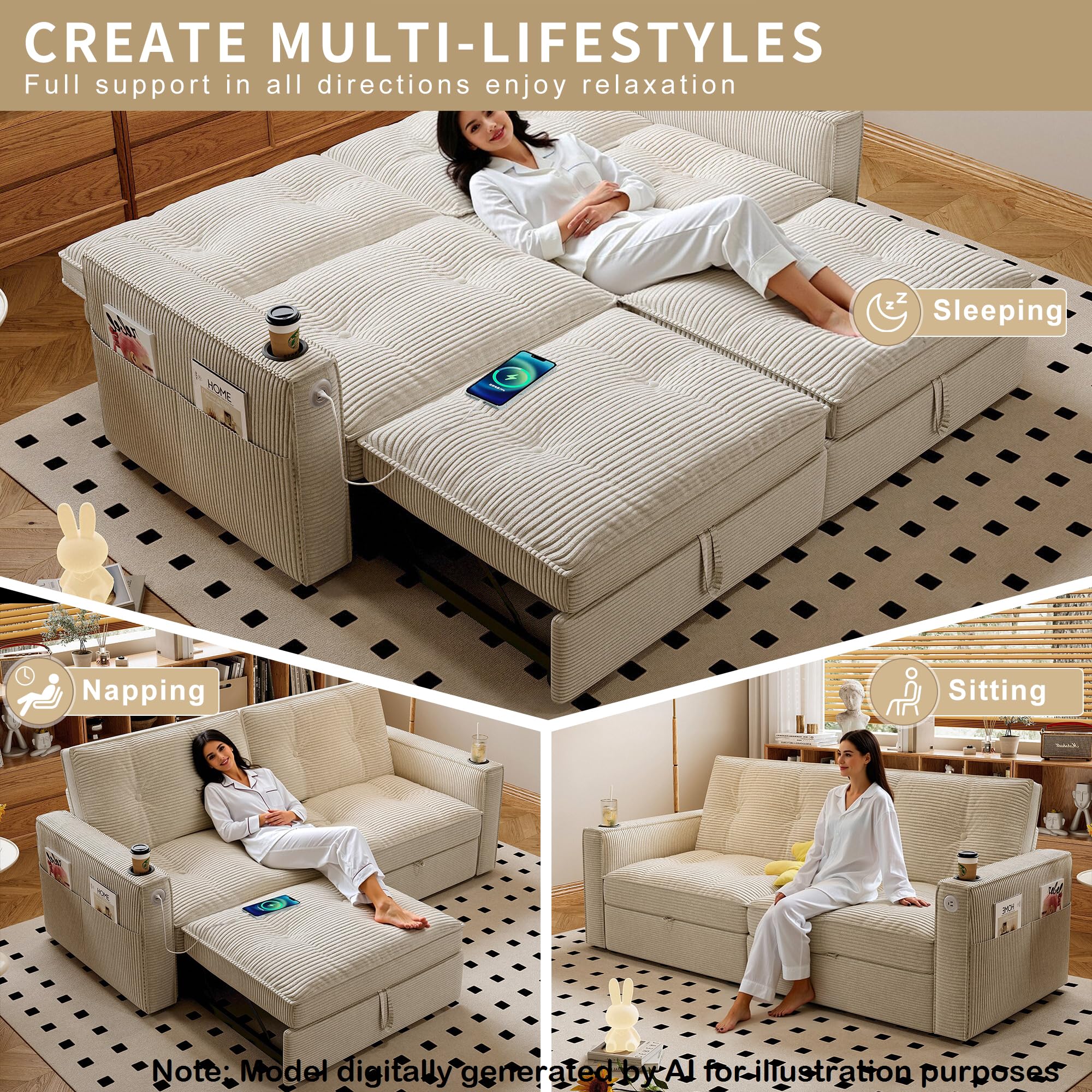 73.2'' Sleeper Sofa Full Size, Pre-Assembled Corduroy Futon, Beige | Convertible Pull Out Couch with Adjustable Backrest, Cup Holders, Pockets, USB, Loveseat for Living Room, Apartment