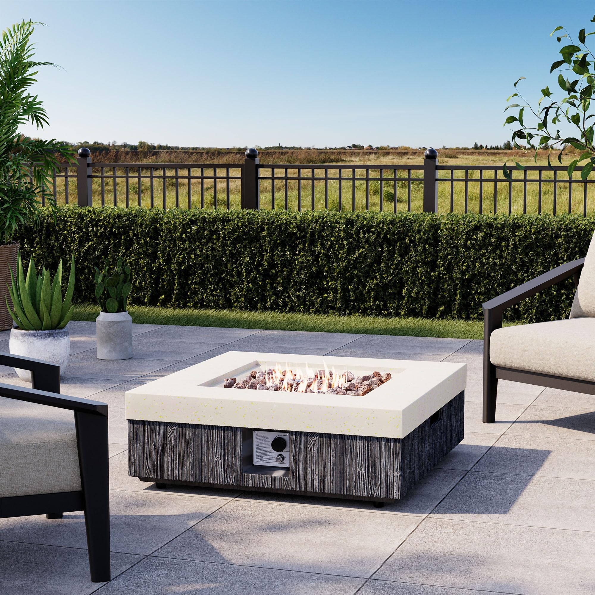 COSIEST 35" Outdoor Propane Fire Pit Table Square Gas Fire Pit Table with Concrete & Wood Grain Design, 50000BTU Electronic Ignition Fire Tables for Patio, Backyard, Garden Heating