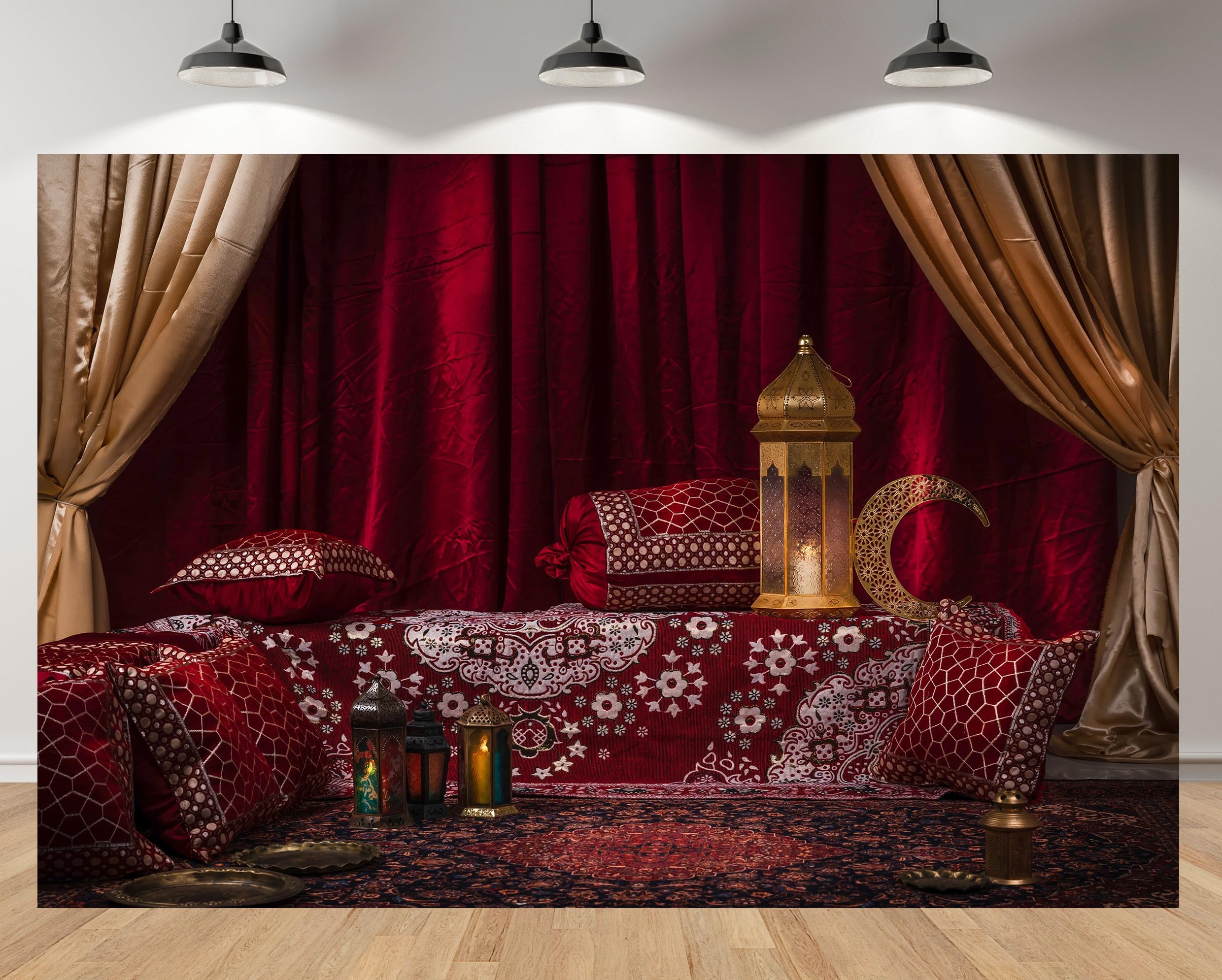 7x5ft Arabic Interior Backdrop Red Velvet Curtains Moroccan Lanterns Patterned Cushions for Islamic Festival Celebration Home & Party Decor Photo Studio Booth Props Wallpapers