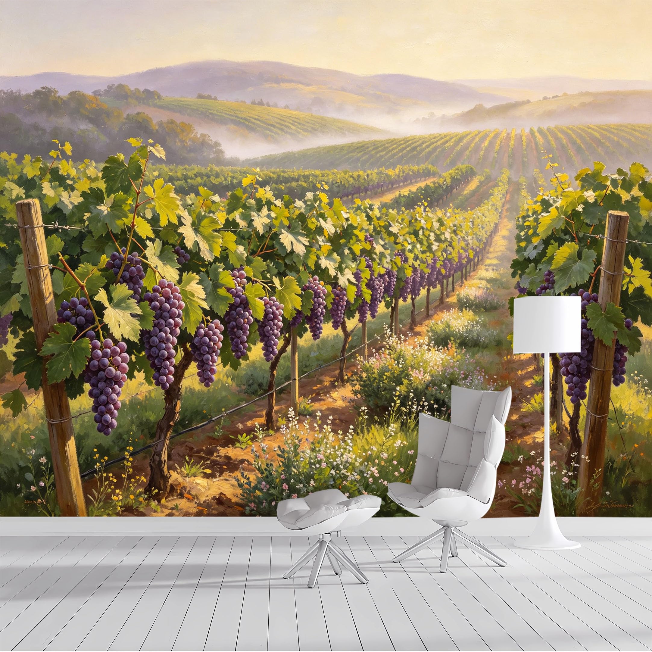 Custom Size Wall Mural Vineyard Landscape Sunset Foggy Hills Oil Painting SelfAdhesive Wall Fabric Removable Peel and Stick Wallpaper Wall Decor for Living Room Bedroom Bathroom