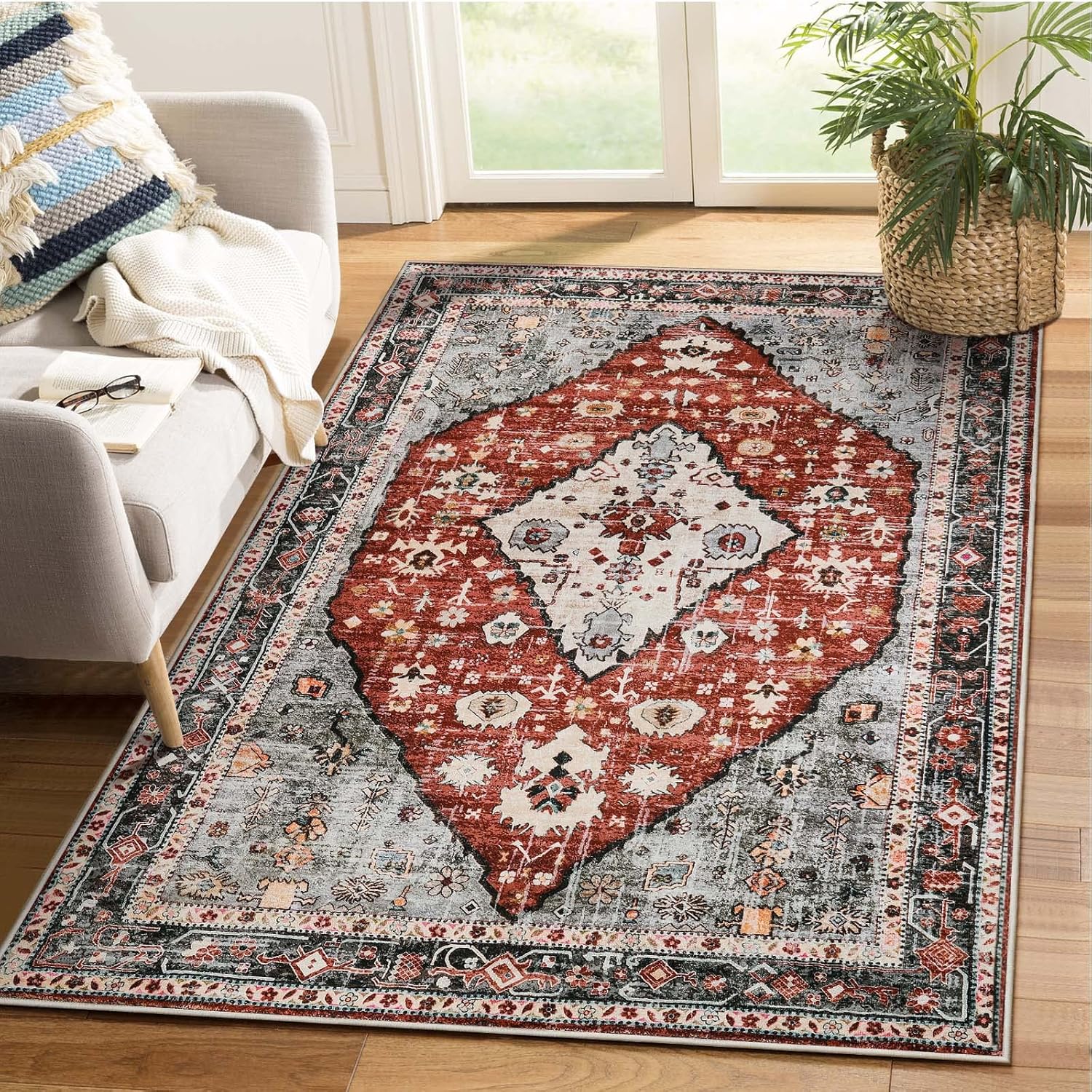 Lahome Boho Tribal Area Rug 4x6 Red Washable Entryway Rug
