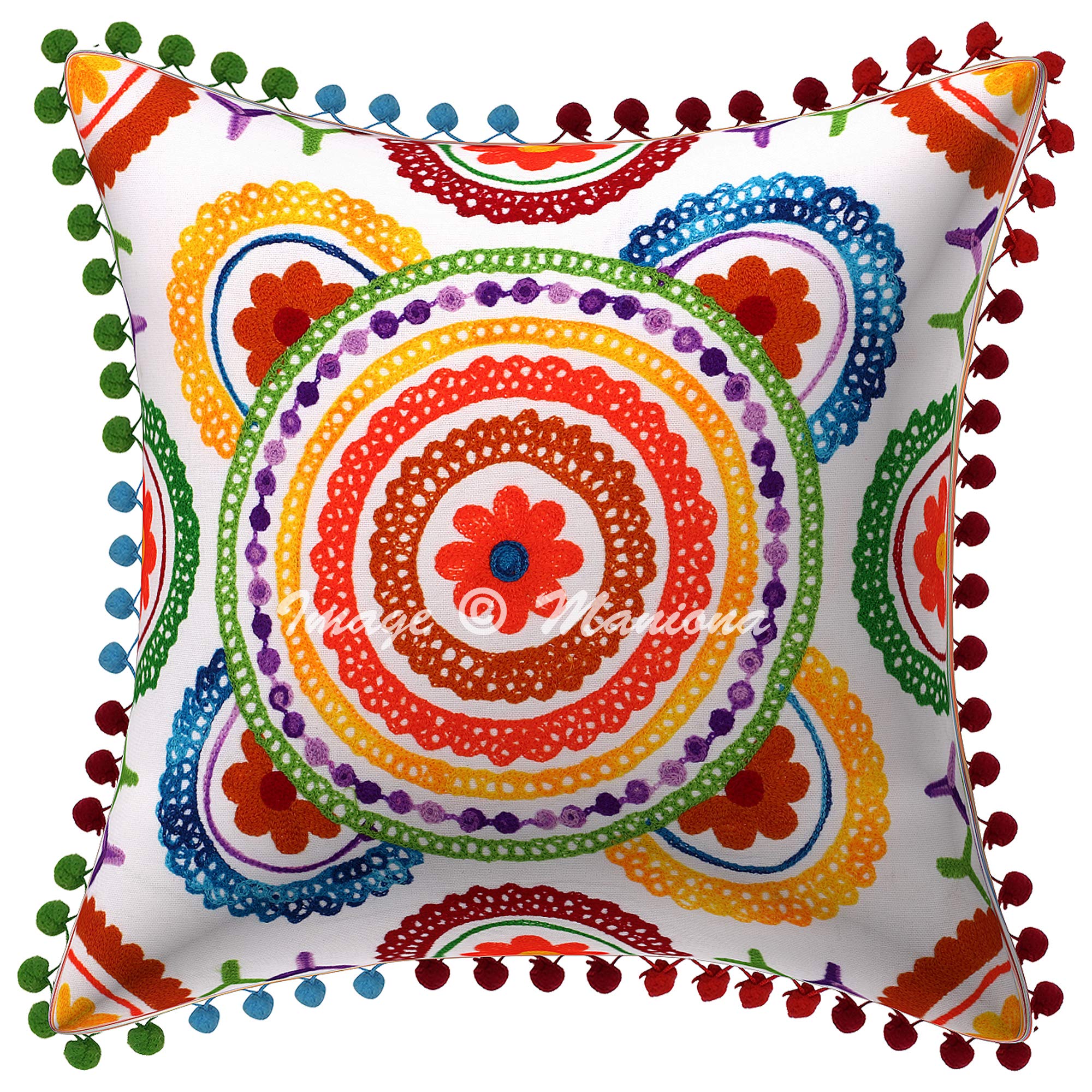 Maniona Suzani Mandala Style 16X16 Embriodered Pillow Cases, Indian Outdoor Decorative 16X16 Inches Cushion Cover