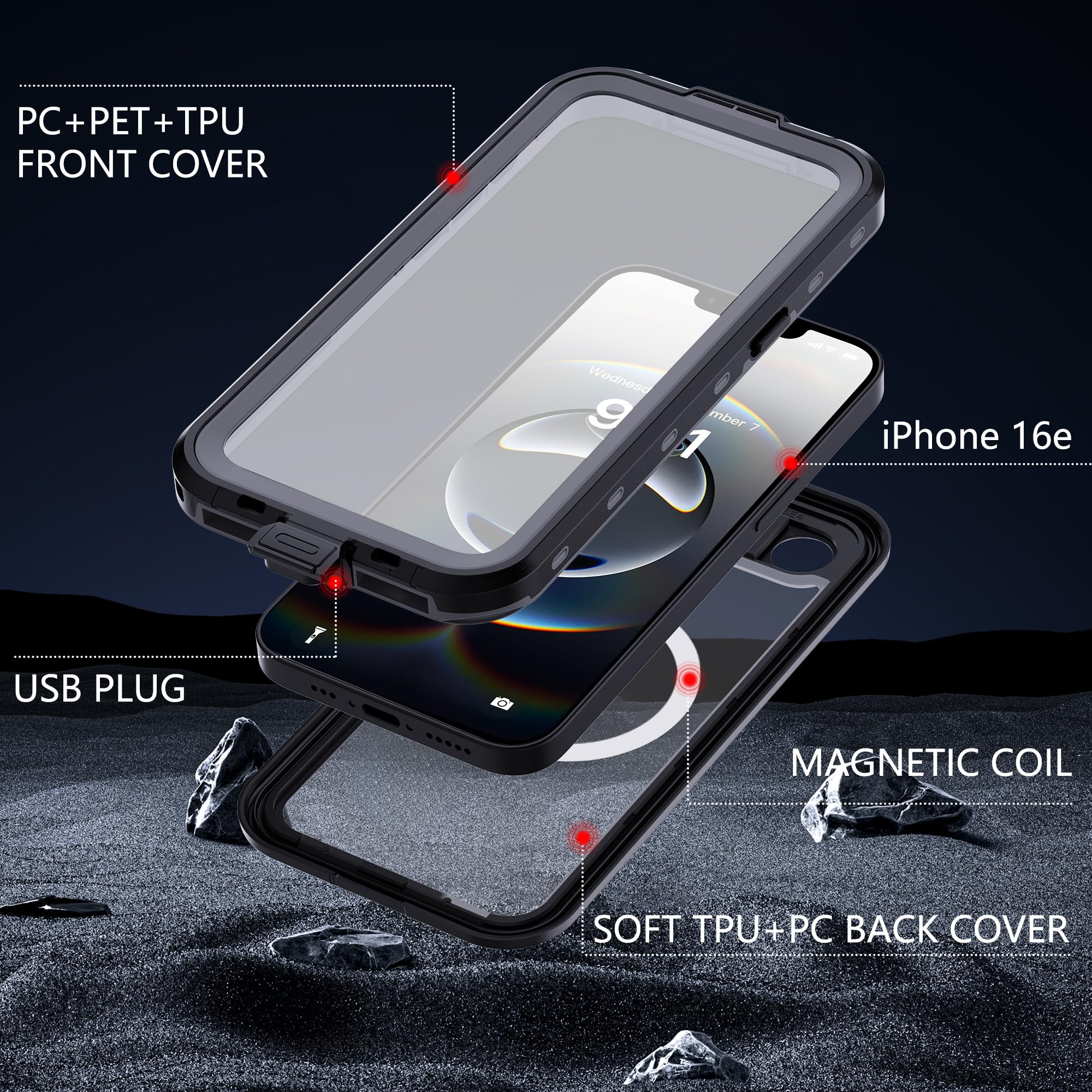 Custodia per iPhone 16E IP68 Impermeabile Cover Antiurto Subacquea Protezione Case Resistente Indistruttibile Custodia con protezion Waterproof Rigida 360 Completa Cover Nero FSK