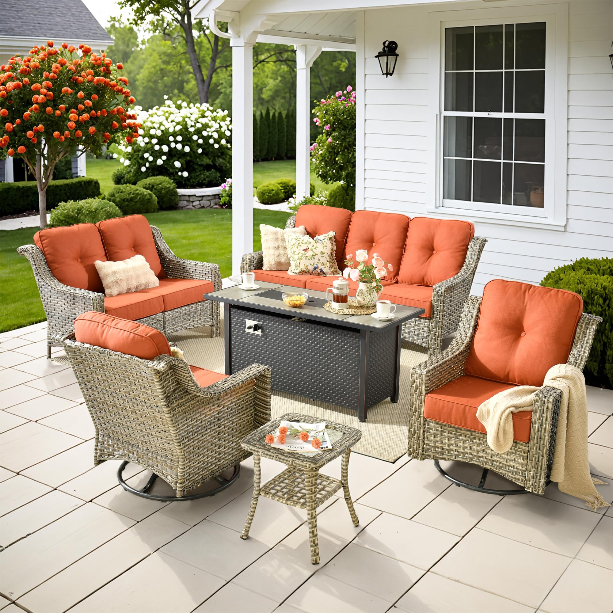 POUUIN 6 PCS Outdoor Patio Furniture Set with Fire Pit Table and Swivel Rocking Chairs,Patio Seating Outside Sofa and Chair Set,All Weather Wicker