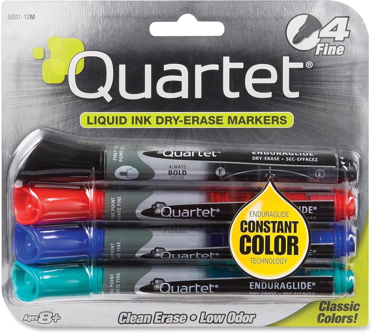 Quartet EnduraGlide Dry-Erase Markers, punta fina, juego de 4 colores (QRT50110M)