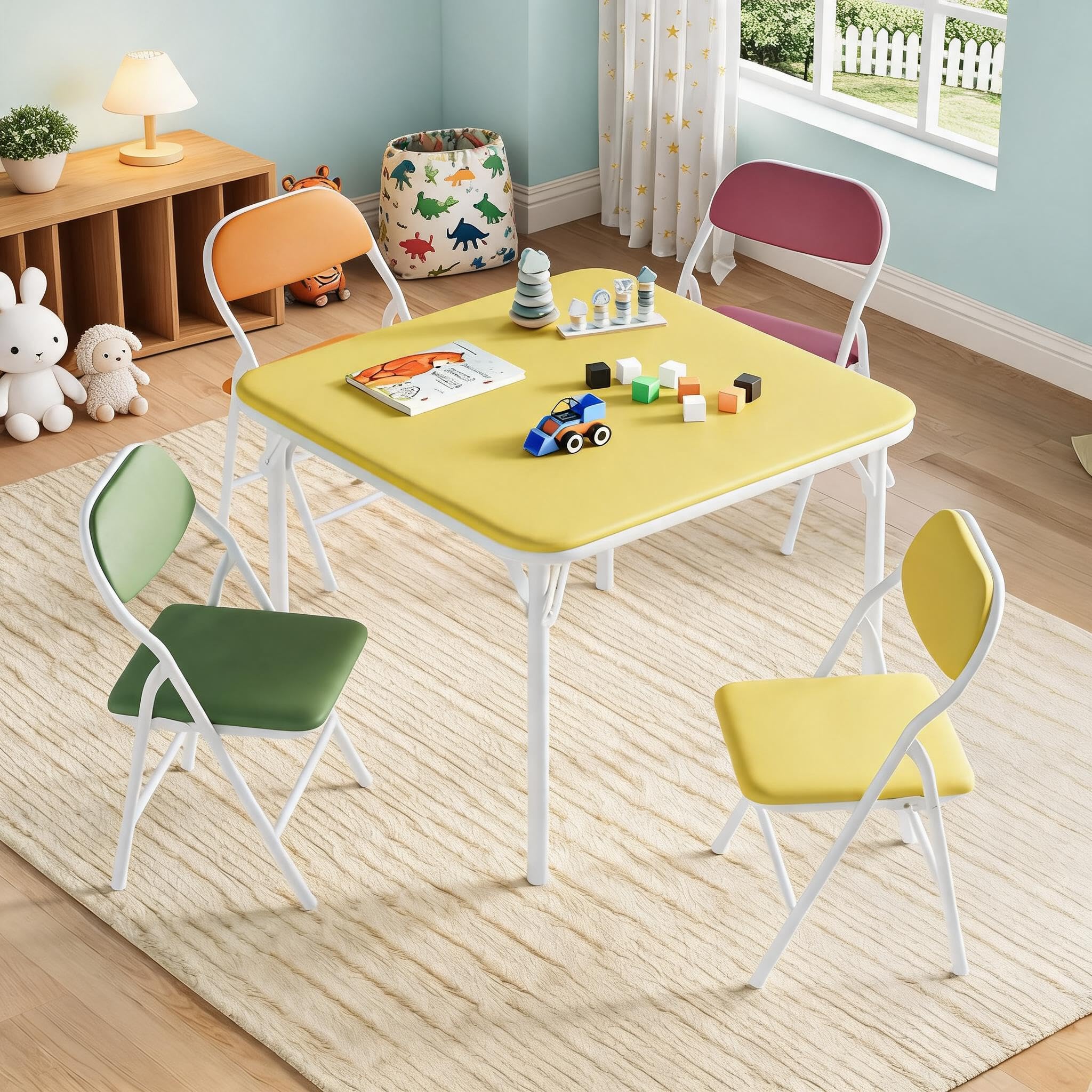 Klappbarer Kindertisch mit 4 Stühlen, PU-Leder, Stahlrahmen, Gelb