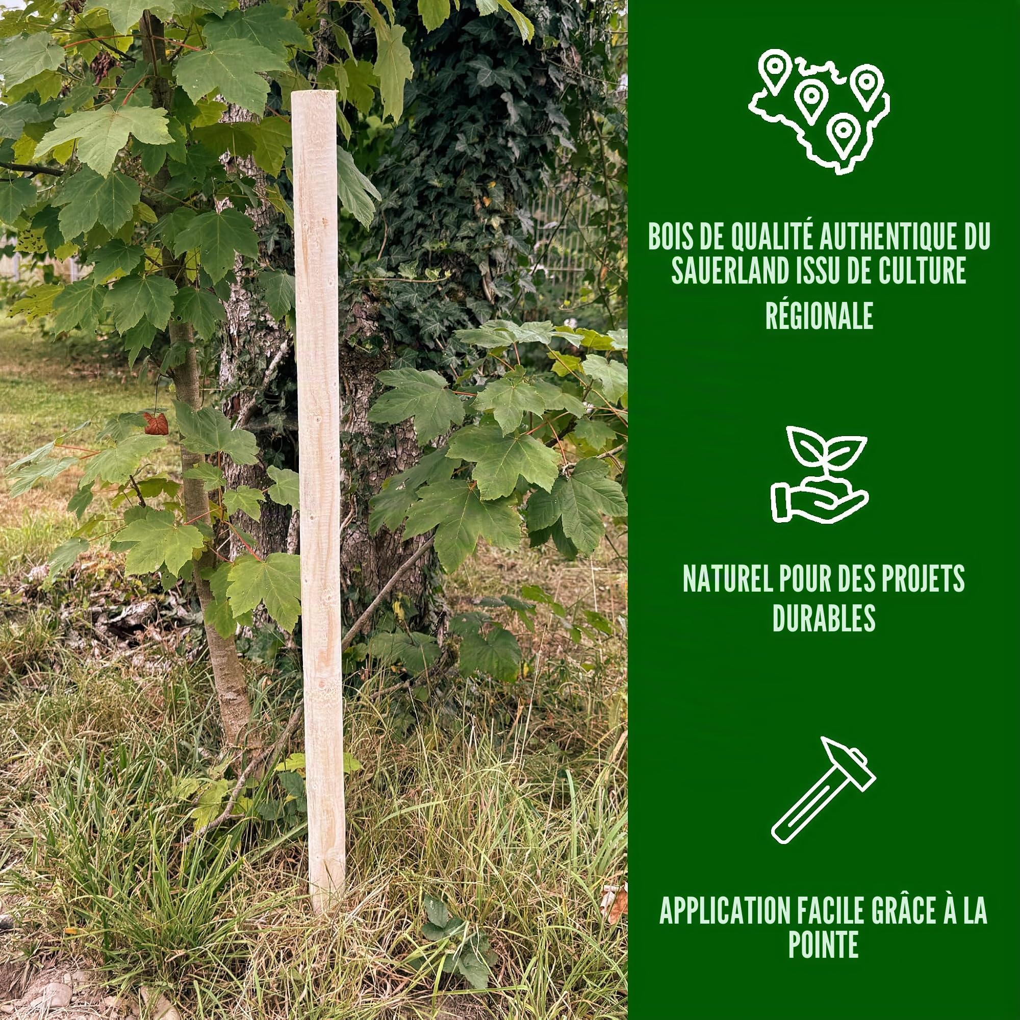 Lot de 10 piquets ronds en bois naturel de 6 cm de diamètre - Différentes longueurs et épaisseurs - Idéal comme piquets de clôture, piquets de plantes ou piquets d'arbres (longueur 100 cm)