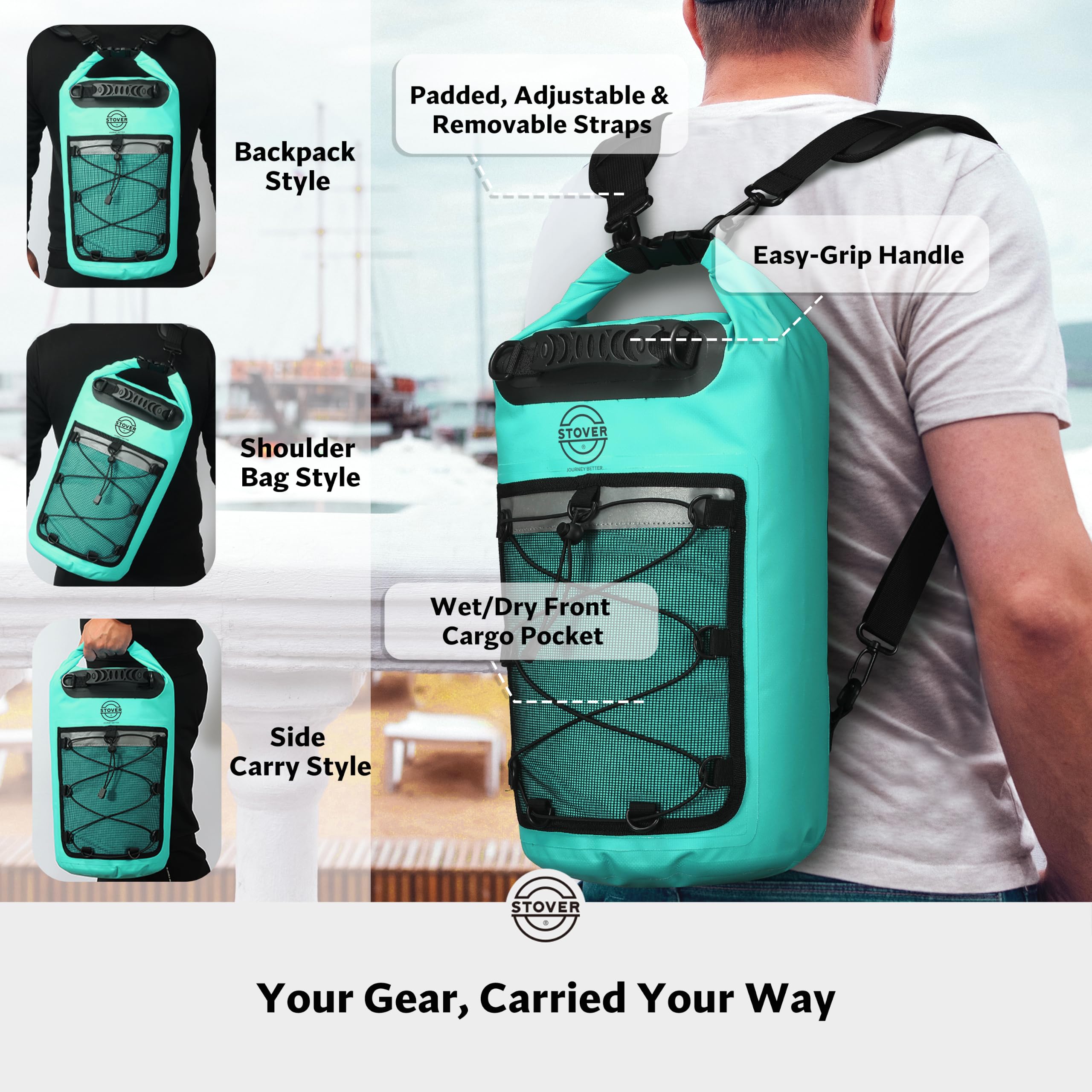 STOVER Mochila y funda para teléfono impermeables, bolsa estanca flotante, mediana, resistente, cierre enrollable, unisex, para kayak, viaje, pesca, acampada, moto, playa, 5/10/25/30/40/55 L, turquesa