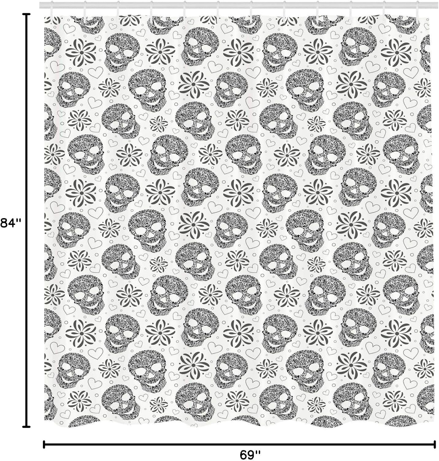 Ambesonne Skull Shower Curtain, Abstract Floral Skulls Daisies Hearts Circles Illustration Vintage Style Print, Cloth Fabric Bathroom Decor Set with Hooks, 69" W x 84" L, White and Black