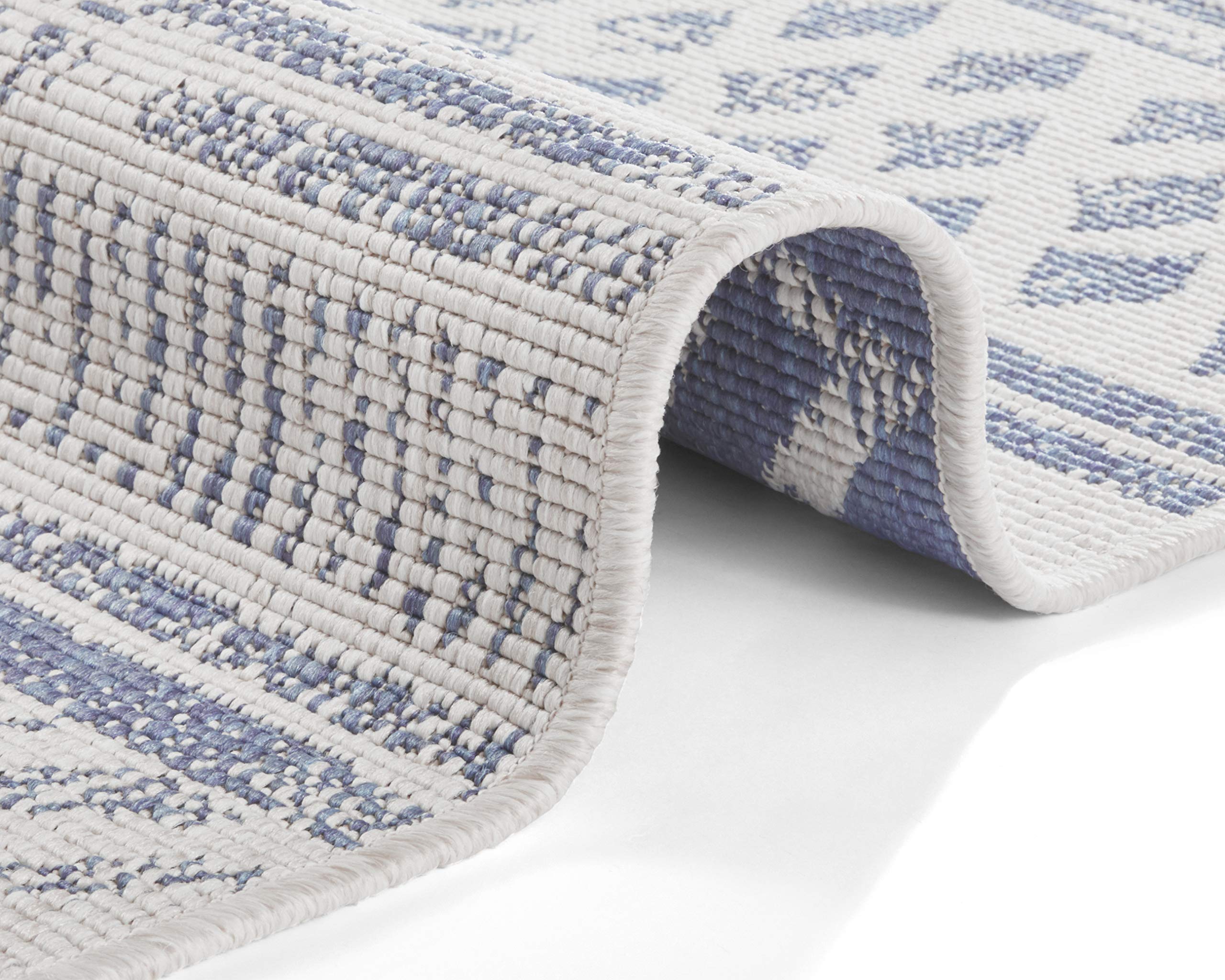 NORTHRUGS In- und Outdoor Teppich Biri 80x350cm - Wendeteppich Wetterfest Boho Style Vintage Design Läufer für Balkon Terrasse Garten Wintergarten Wohnzimmerteppich Wasserfest in Blau Creme
