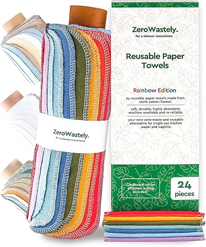 ZeroWastely - Toallas de papel reutilizables, paquete económico de 24 toallas de papel sin papel. 100% algodón, súper suaves, absorbentes, lavables