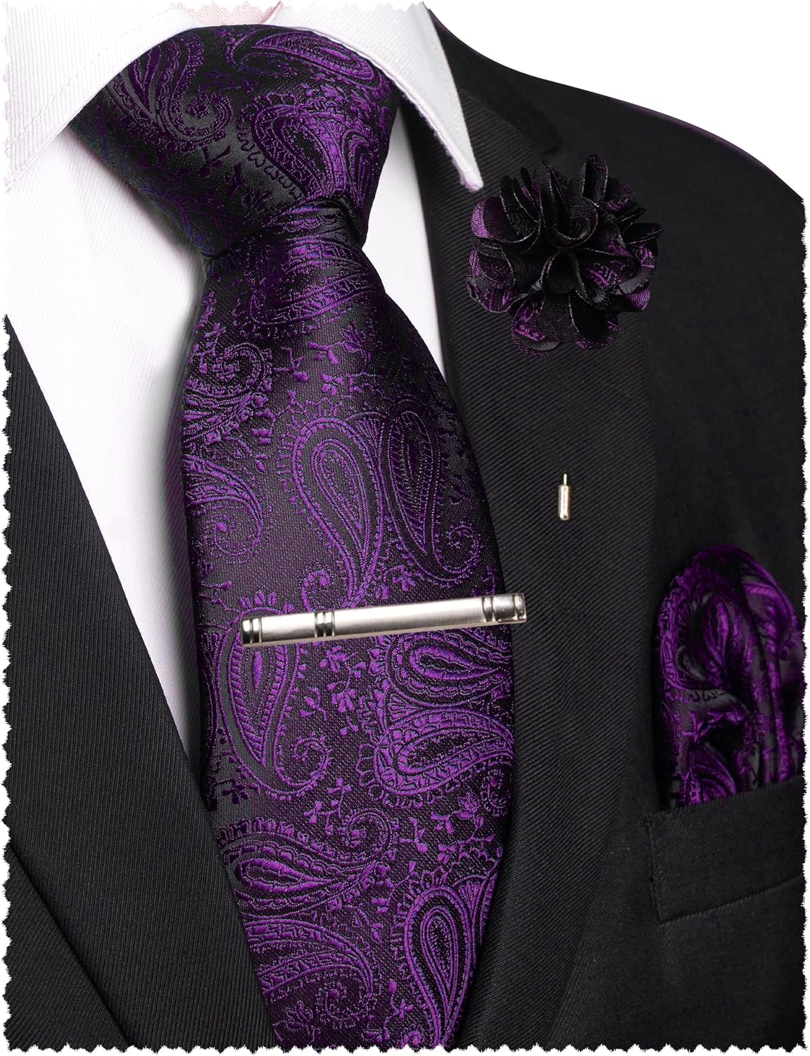 JEMYGINS Mens Paisley Tie and Lapel Pin Necktie Pocket Square and Tie Clip with Sets for Business Casual 4PCS