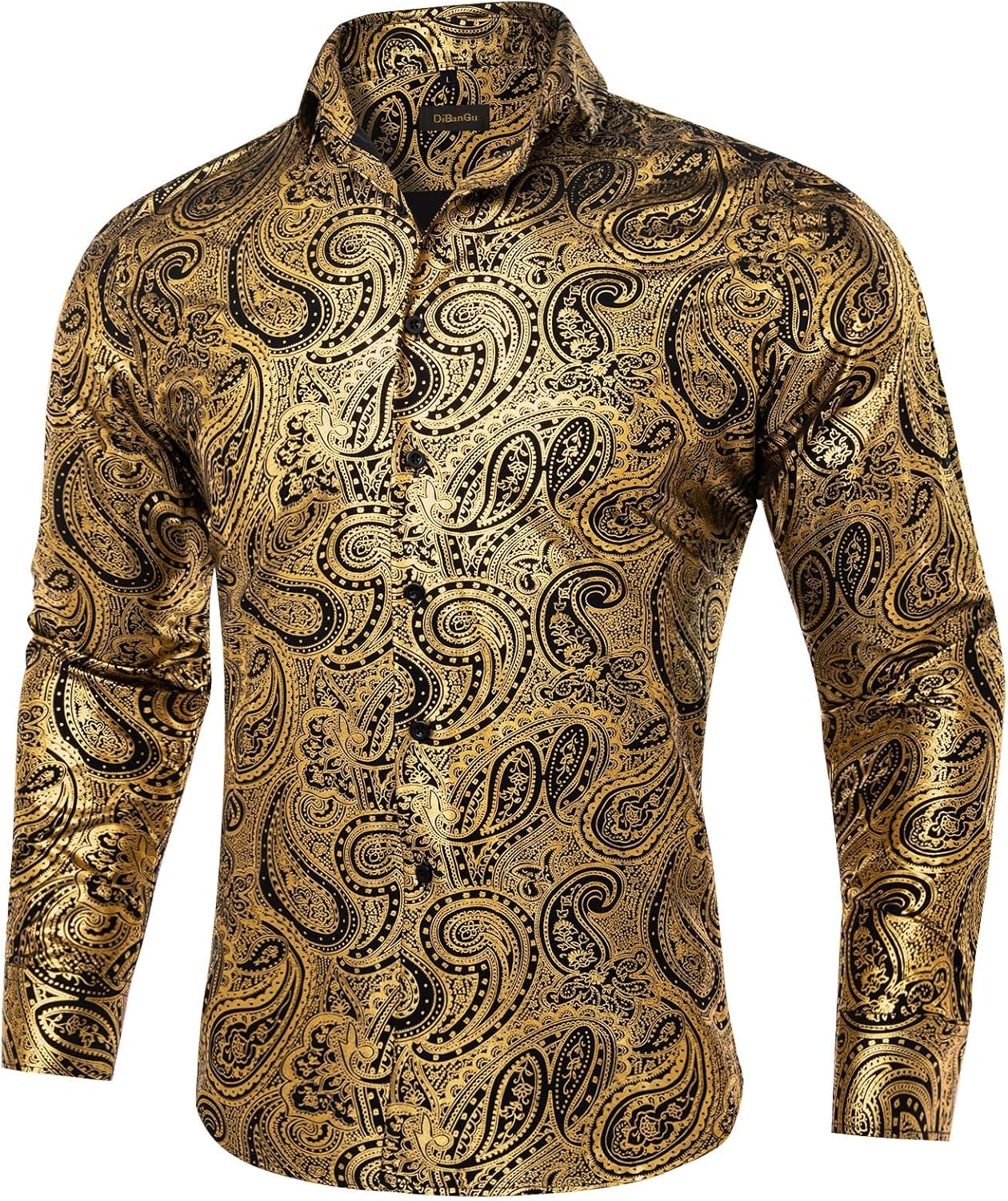 DiBanGu Mens Paisley Dress Shirt Luxury Printed Long Sleeve Button Down Shirts Regular Fit Shiny Shirts for Wedding Prom - Image 2