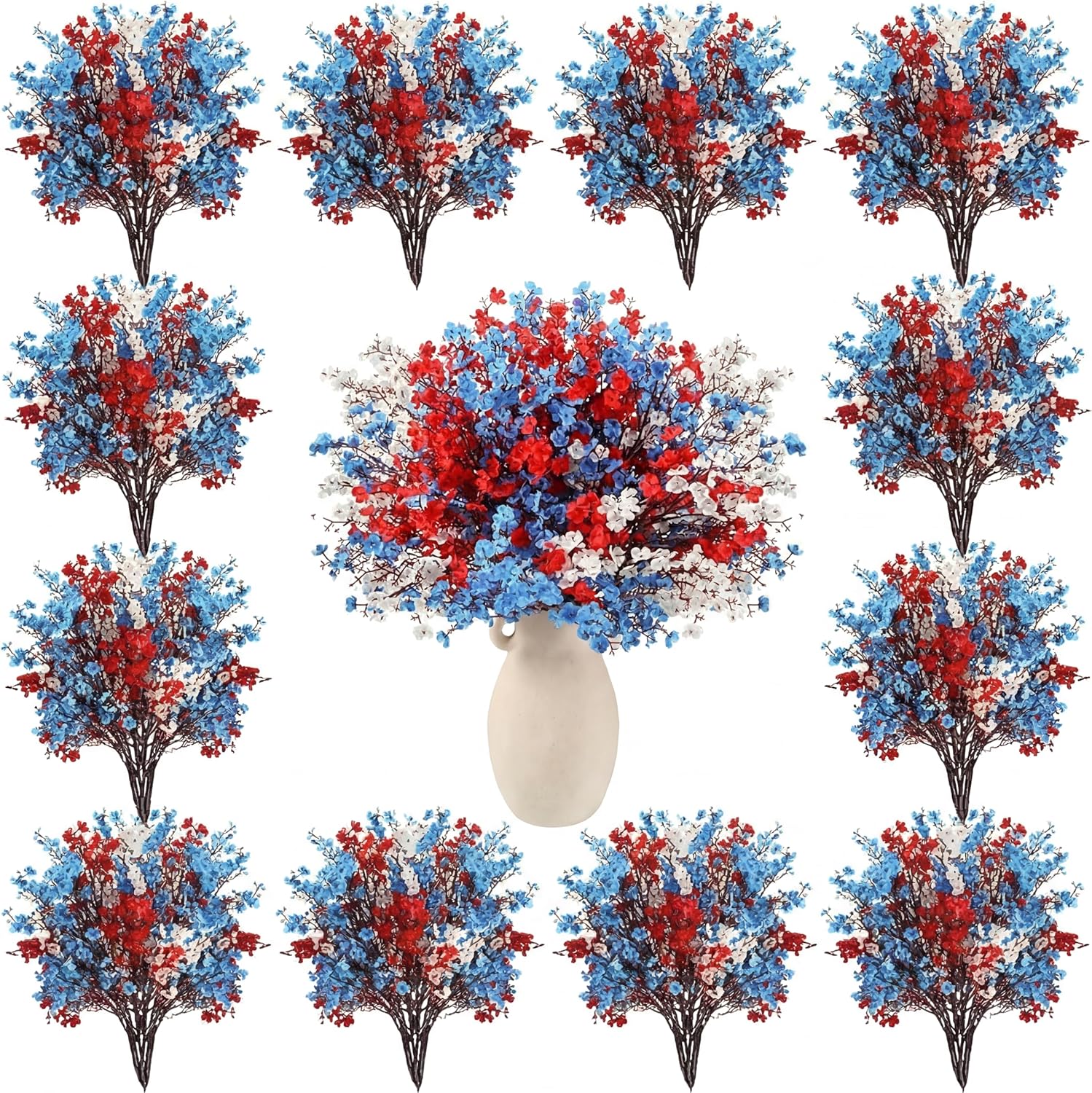 Lyrow 48 Pcs Red Blue White Patriotic Artificial Flowers 4th of July 250th Anniversary Table Centerpieces Decor Fake Babys Breath Pick Stems Floral Arrangement for Veterans Memorial Day Home Outdoor