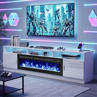 MXV 78" Fireplace TV Stand for TVs up to 90", Modern Entertainment Center with 36" Electric Fireplace, Built-in Power Outlet, 12-Color LED Lights, Black TV Console for Living Room, White-Black