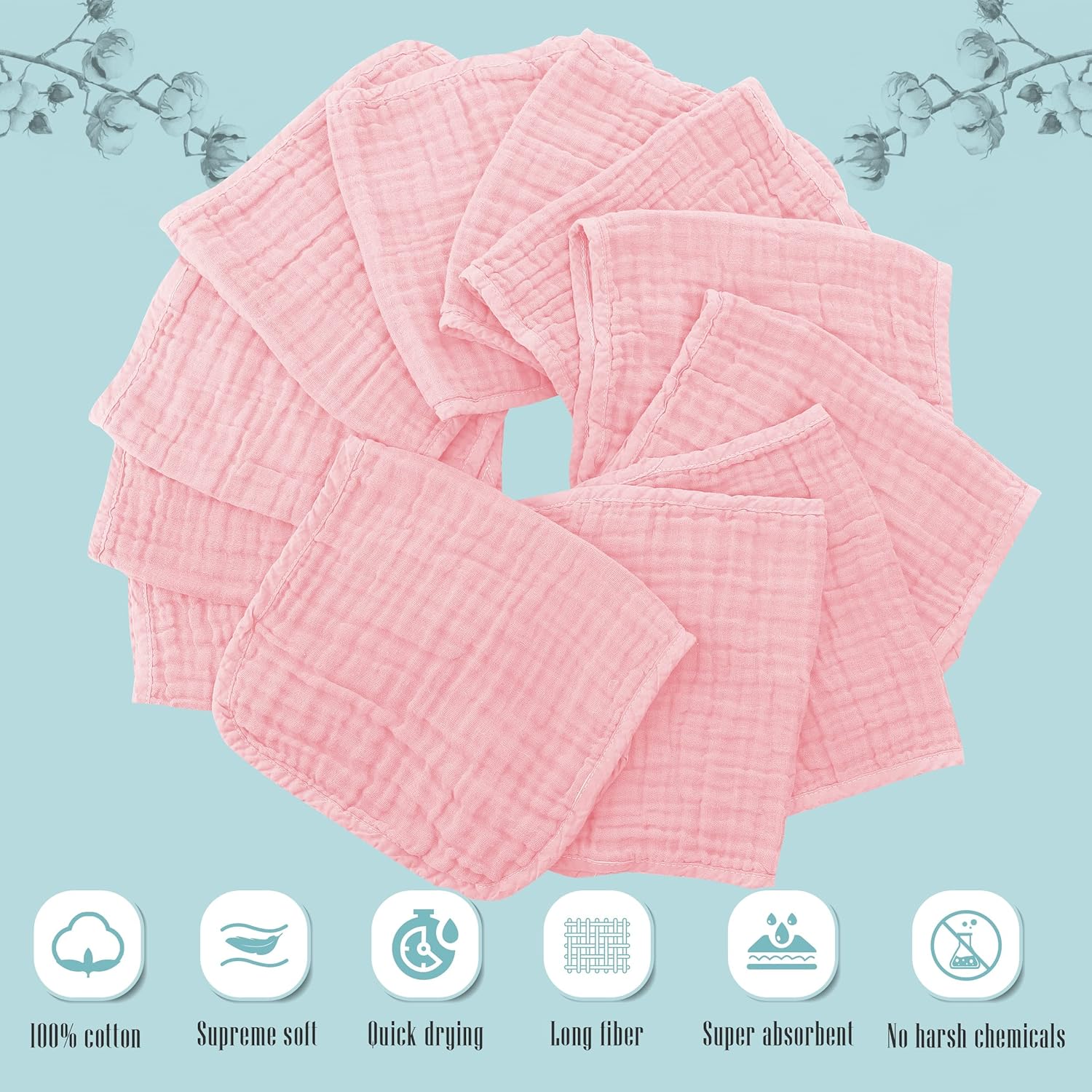 Cute Castle 24 Pack Muslin Burp Cloths for Baby - Ultra-Soft 100% Cotton Baby Washcloths - Large 20'' by 10'' Super Absorbent Milk Spit Up Rags - Burpy Cloths for Unisex, Boy, Girl - Pink