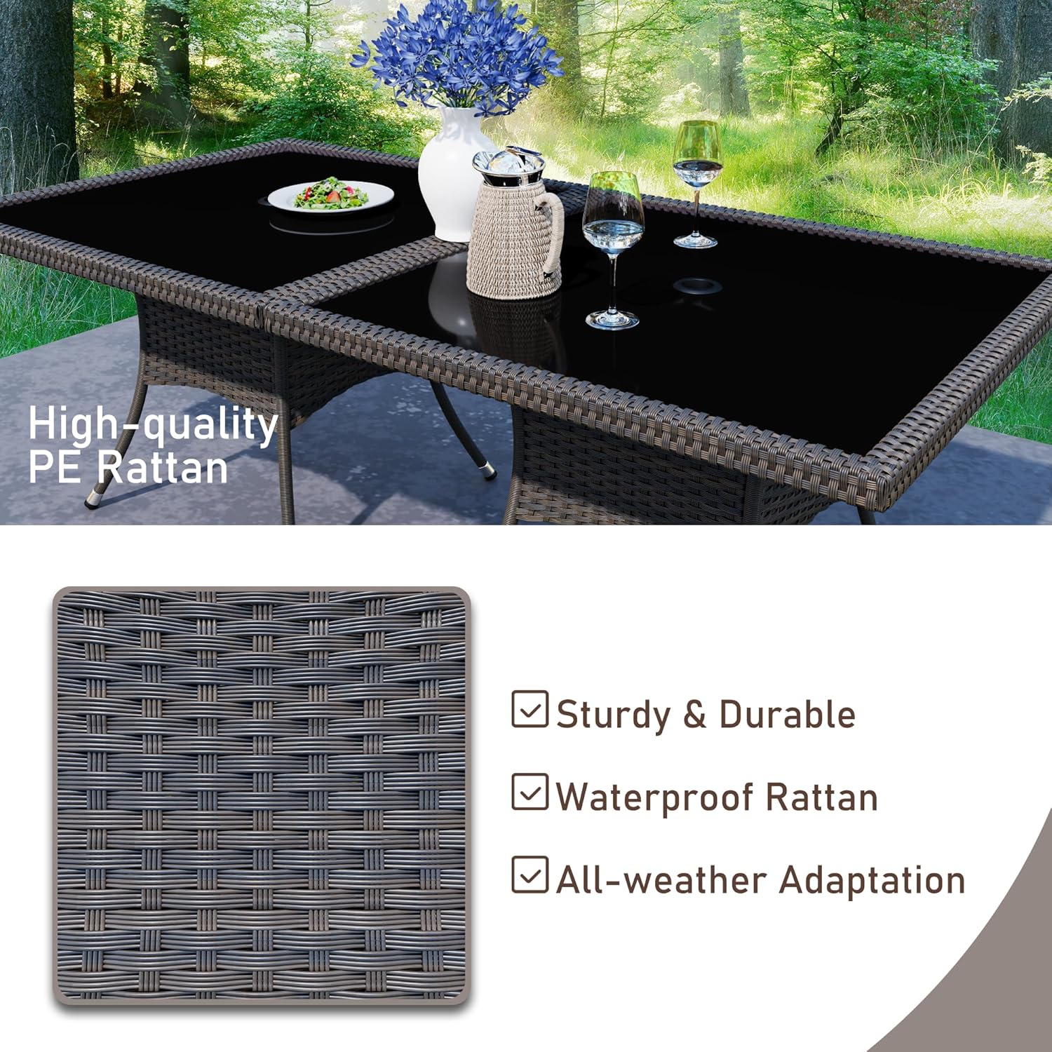 10 Pieces Dining Sets for 8 with Rattan Dining Set Chairs x8 and Square Table Glass Topx2 with Umbrella Cutout, Outdoor and Indoor Set-Grey