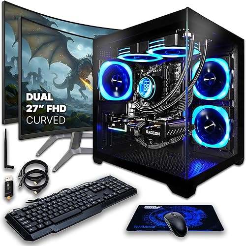 SAAV Drex Prebuilt Gaming PC Bundle Desktop Tower Intel Core i7-12700KF GeForce RTX 5060 8GB GDDR6 Dual Curved 27in Monitors 32GB DDR4 1TB NVMe SSD WiFi 6 Windows 11 Black RGB Computer PC Gaming