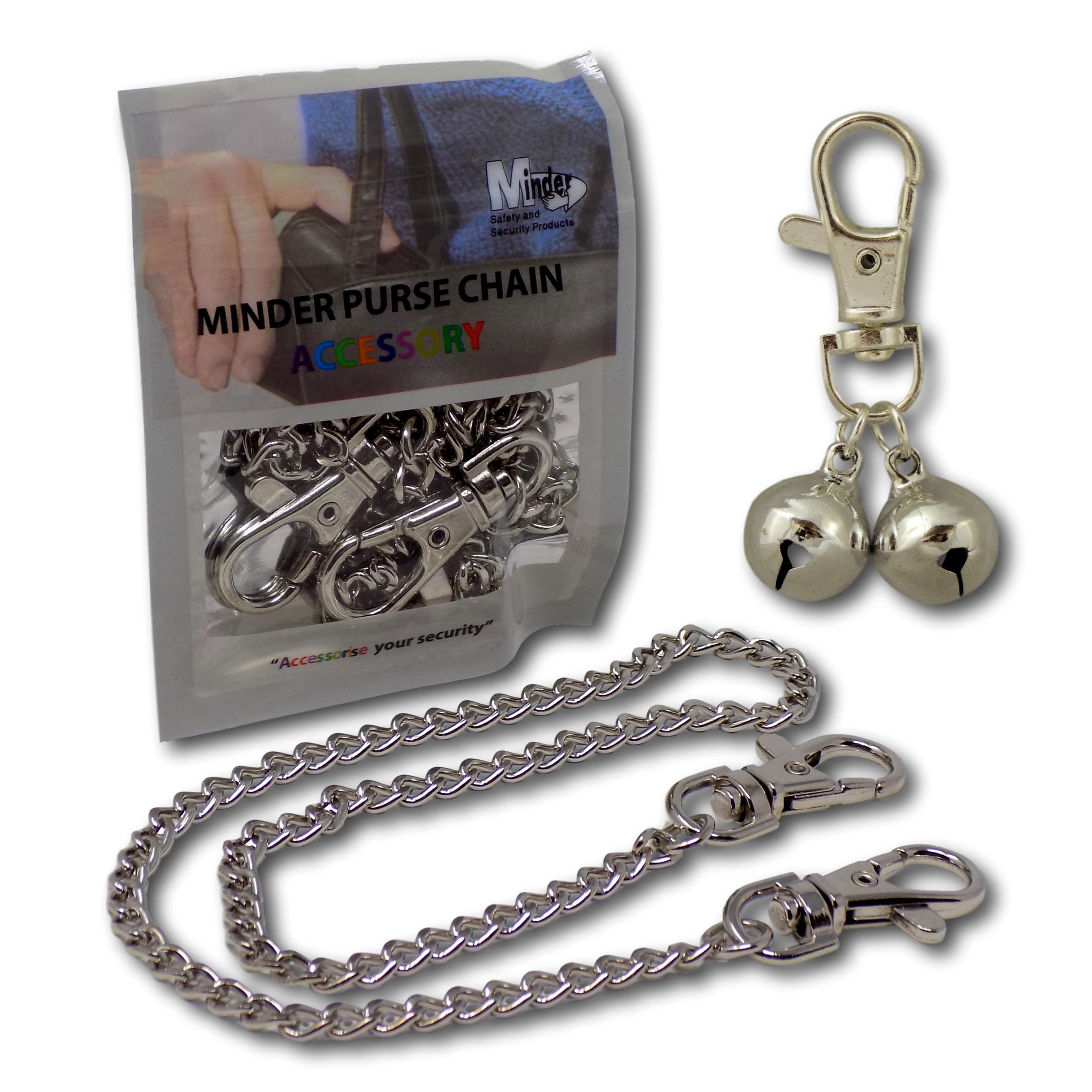 Minder Silver With Chain Bell Accessories Handbag Purse Keys Wallet Phone Theft Pickpocket Holiday Twin Security Alarm Bells Attachment (Silver With Chain)