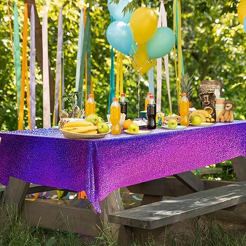 Miniatura 6 de Mantel holográfico láser azul y morado de 40 x 108 pulgadas, mantel iridiscente de sirena congelada para fiesta de cumpleaños, mantel de papel de