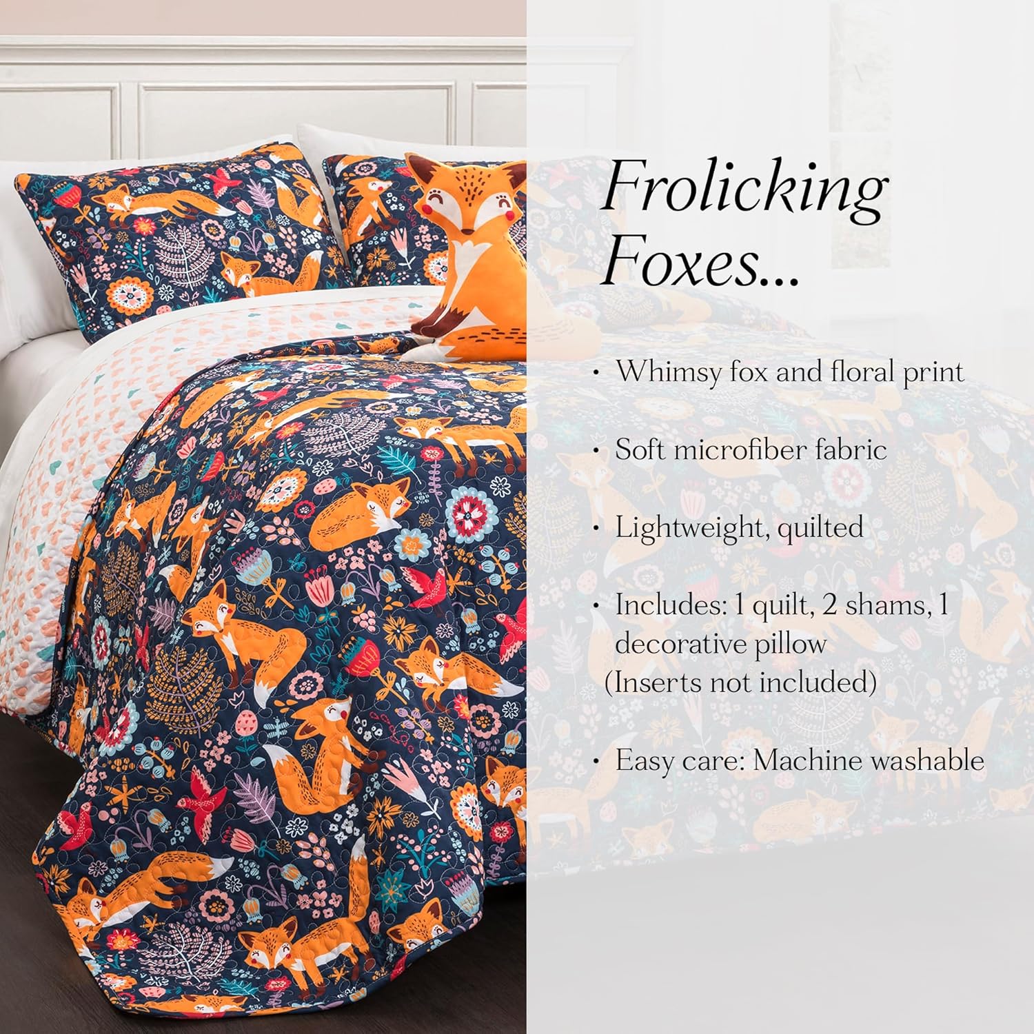 Lush Decor Pixie Fox Reversible Quilt Set, 4 Piece Set, Full/ Queen, Navy & Orange - Bedding Sets For Girls - Whimsical Quilt For Kids & Toddlers - Floral & Heart Print - Woodland Bedroom Decor