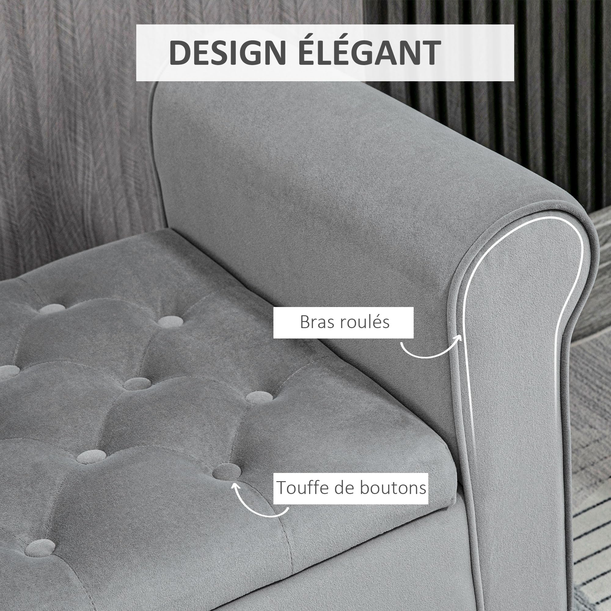 HOMCOM Banc de Rangement Bout de Lit avec Accoudoirs 126x48,5x57 cm Gris | Coffre de Rangement, Tissu Velours Rembourré et Capitonné, Charge jusqu'à 220 kg, pour Salon, Chambre, Entrée