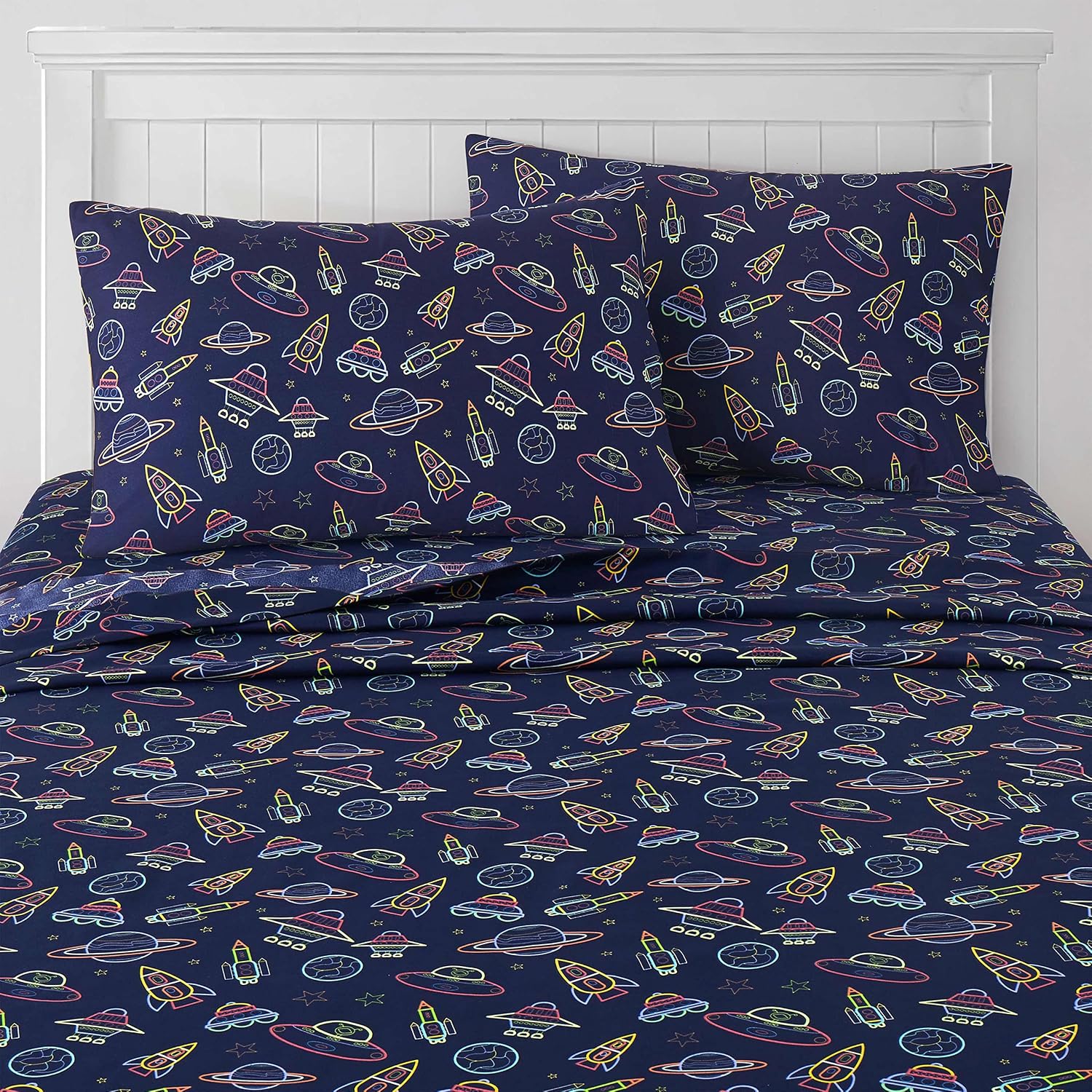 1500 Supreme Kids Bed Sheet Collection - Fun Colorful and Comfortable Boys and Girls Toddler Sheet Sets - Deep Pocket Wrinkle Free Soft and Cozy Bedding - Full, Neon Spaceships image 5