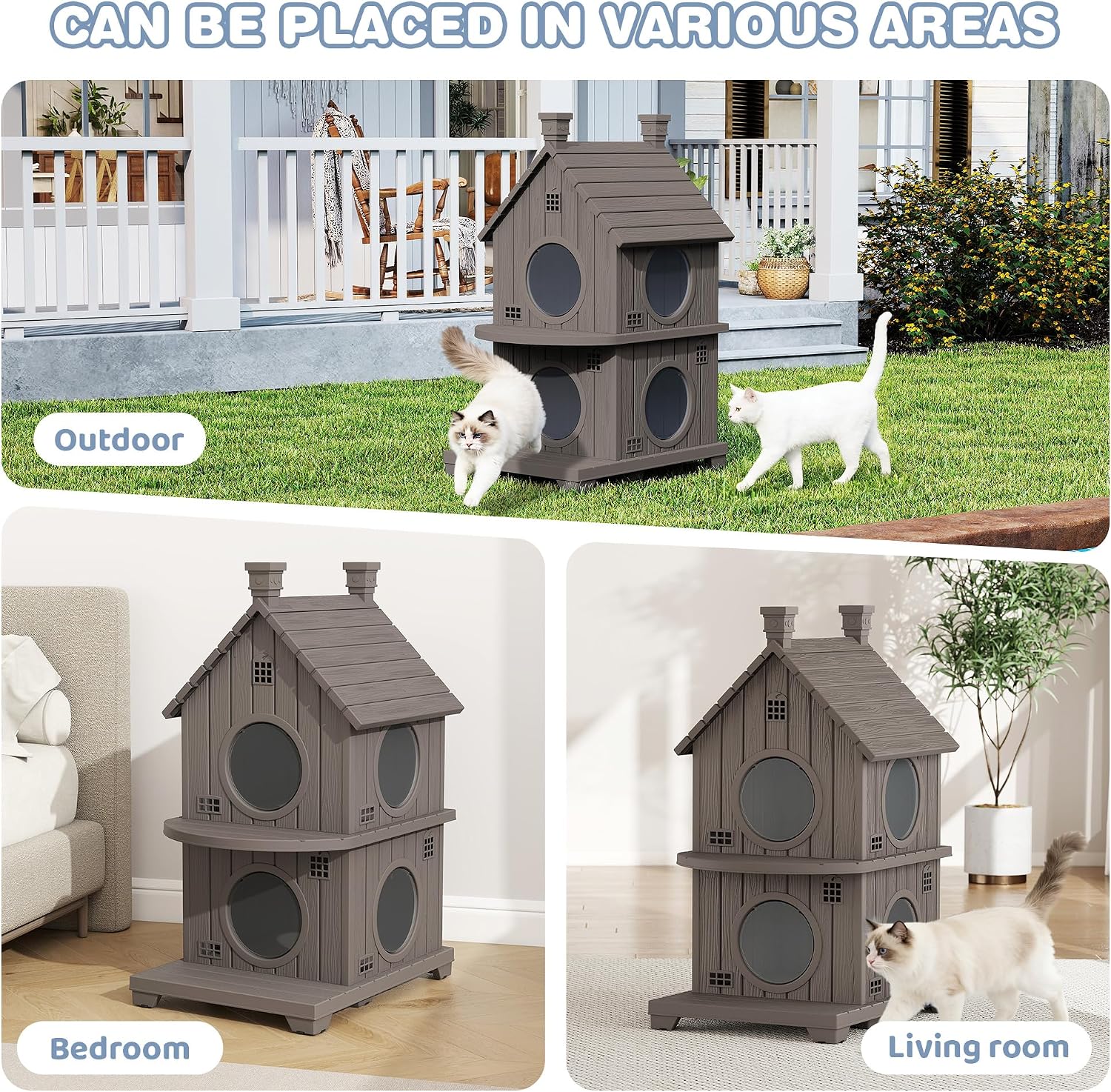 Outdoor Cat House Weatherproof, Durable Resin Cat Houses for Outdoor Indoor Cats, Litter Box Enclosure with Elevated Base, Anti-Slip Pad, Ventilation, Double-Story, Taupe Grey