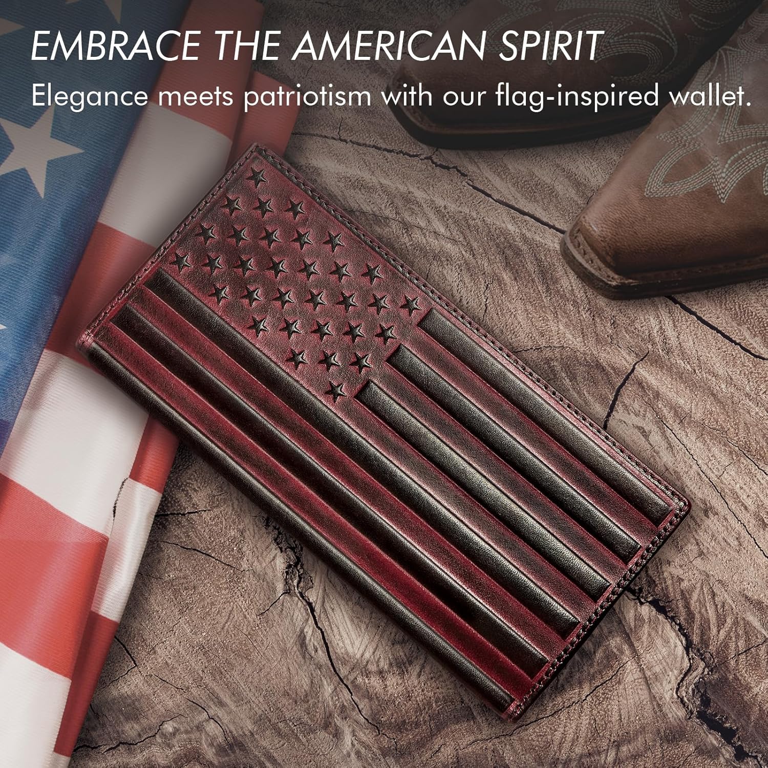 Long Wallet for Men Leather, Mens Checkbook Wallet Rodeo, Large Western Cowboy Wallet Bifold, RFID Blocking, Gift for Men (American Flag, Red) - Image 7