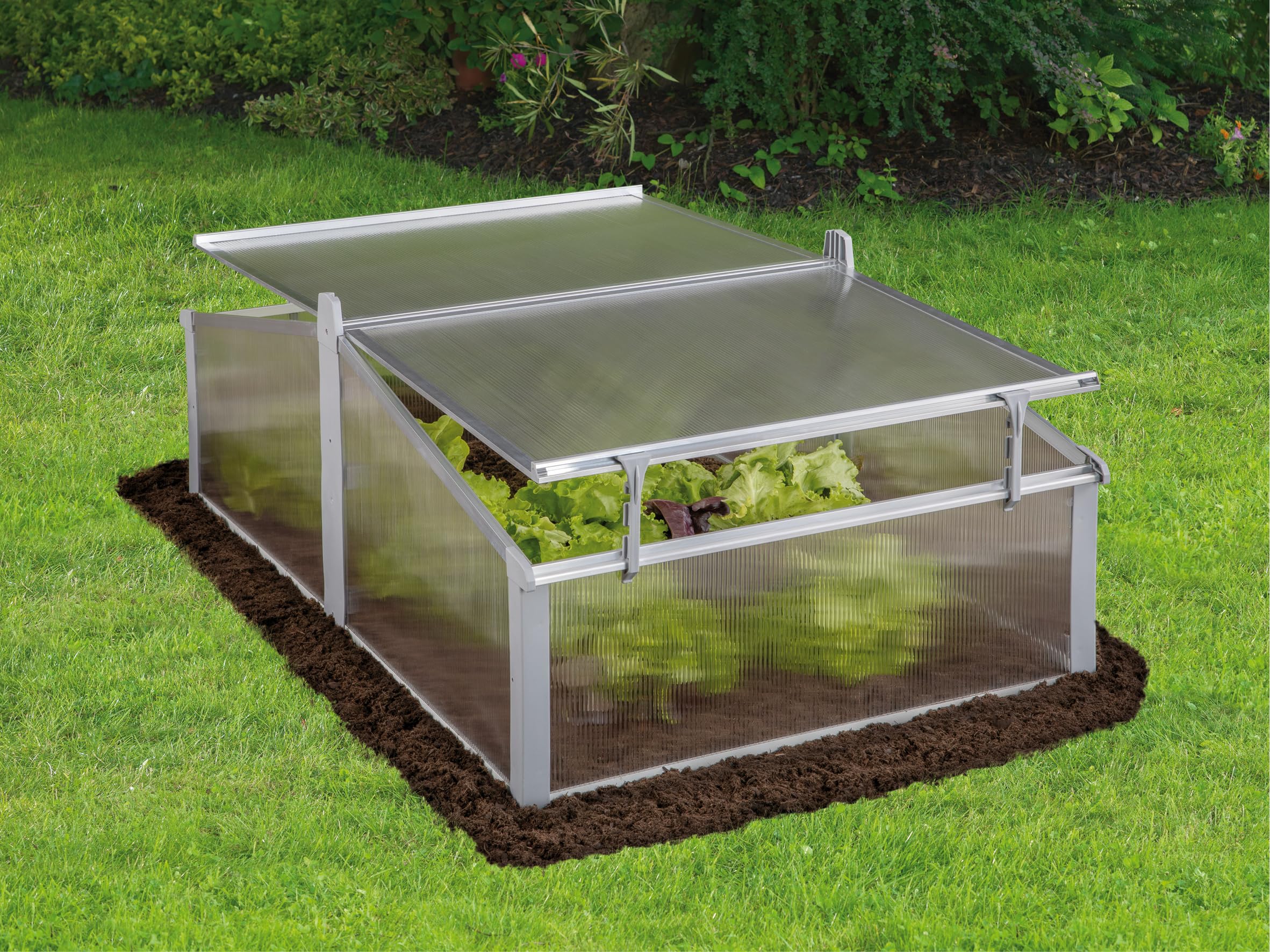 JUWEL 20222 Easy FIX 120/80 Serre thermique (pour plate-bande surélevée à cadre de palette 120 x 80 cm, profilés en aluminium inoxydable, 2 fenêtres avec protection contre le vent, plaques alvéolaires
