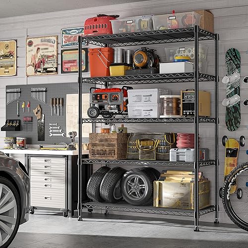 Miniatura 8 de REIBII Estantería de alambre de 73 pulgadas de alto, estantería de metal de 5 niveles, carga de 1780 libras, estantería de garaje ajustable,
