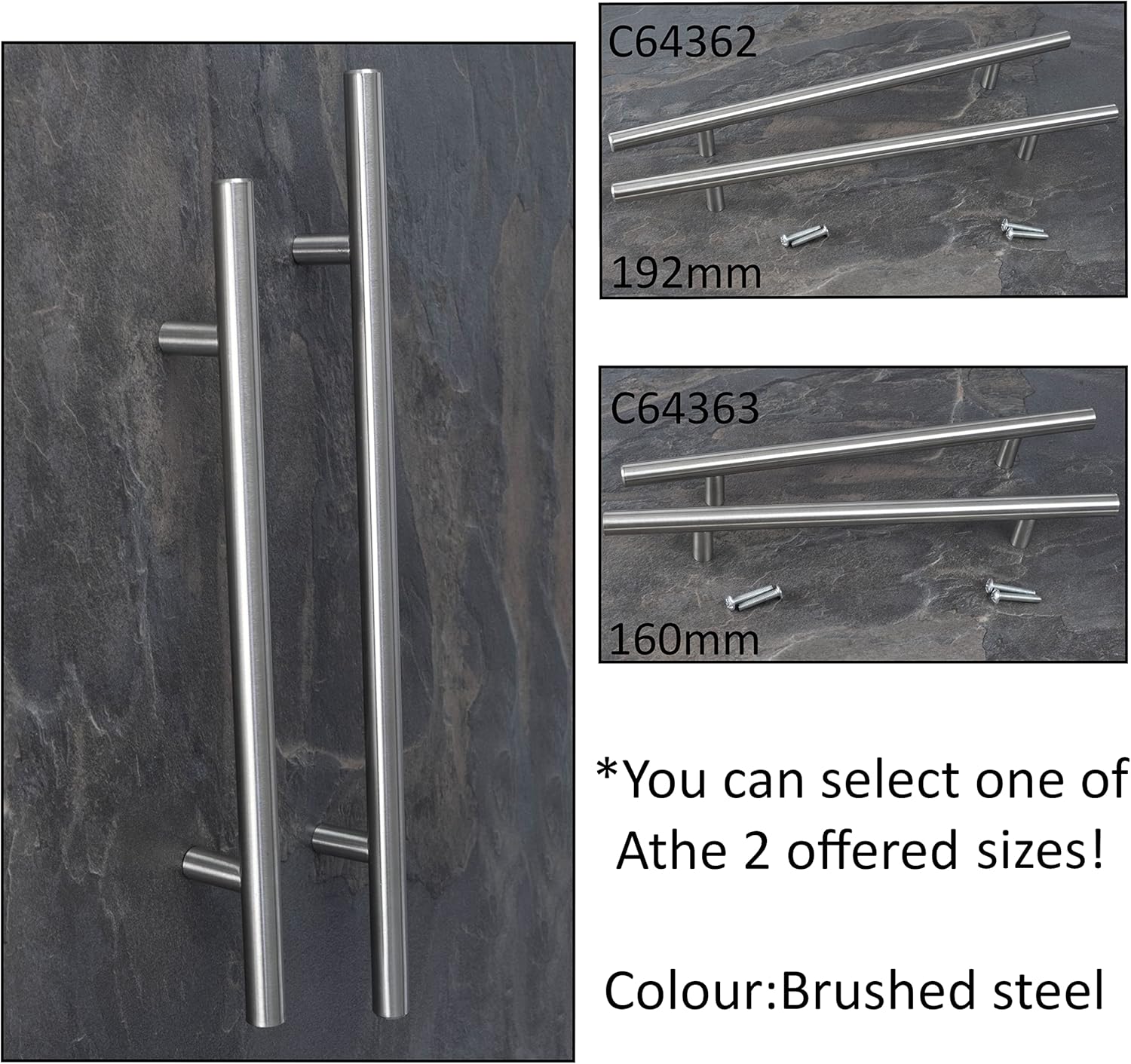 AERZETIX - C64362 – Set of 2 Furniture Handles Wheelbase 192 mm – Door Cupboard Drawer Interior Decoration Kitchen Living Room Assembly – Metal – Brushed Silver Finish