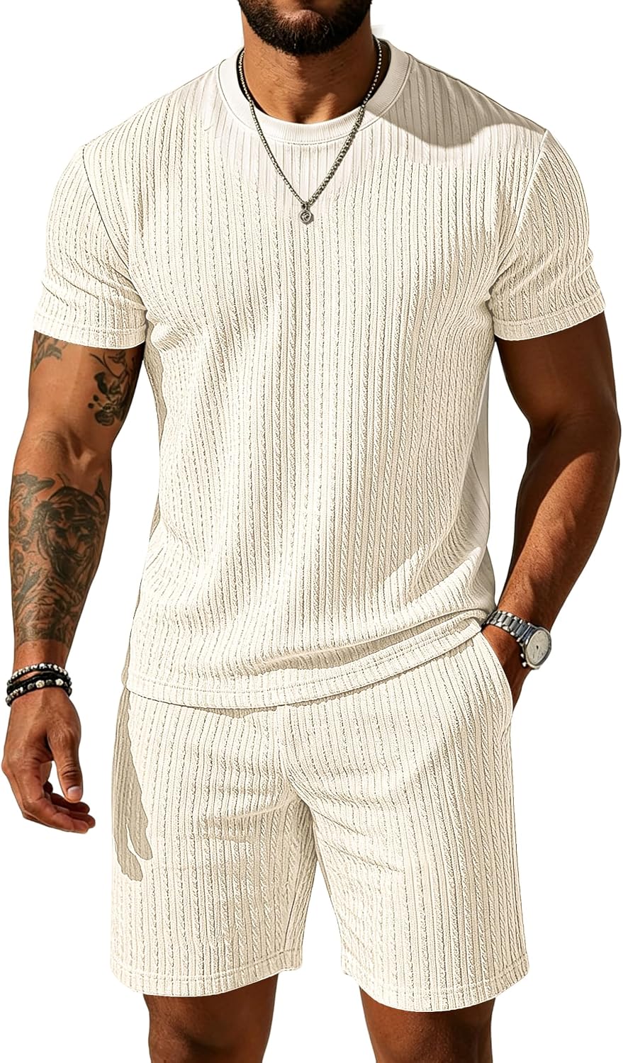 UOUA Mens Shorts Set Crewneck Short Sleeve T-Shirt & Shorts Twisted Texture 2 Piece Summer Outfits Casual Matching Sets