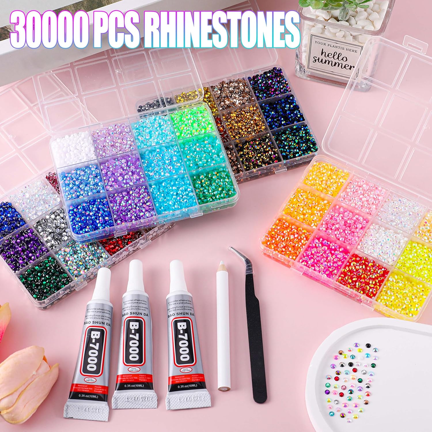 30000Pcs in 48 Colors Rhinestones for Bedazzling and Diamond Art, 3mm Flatback Gems with 3×10ml B7000 Jewelry Glue Tweezers, Perfect for Nail Art, Crafting, Clothing, Fabric Decor