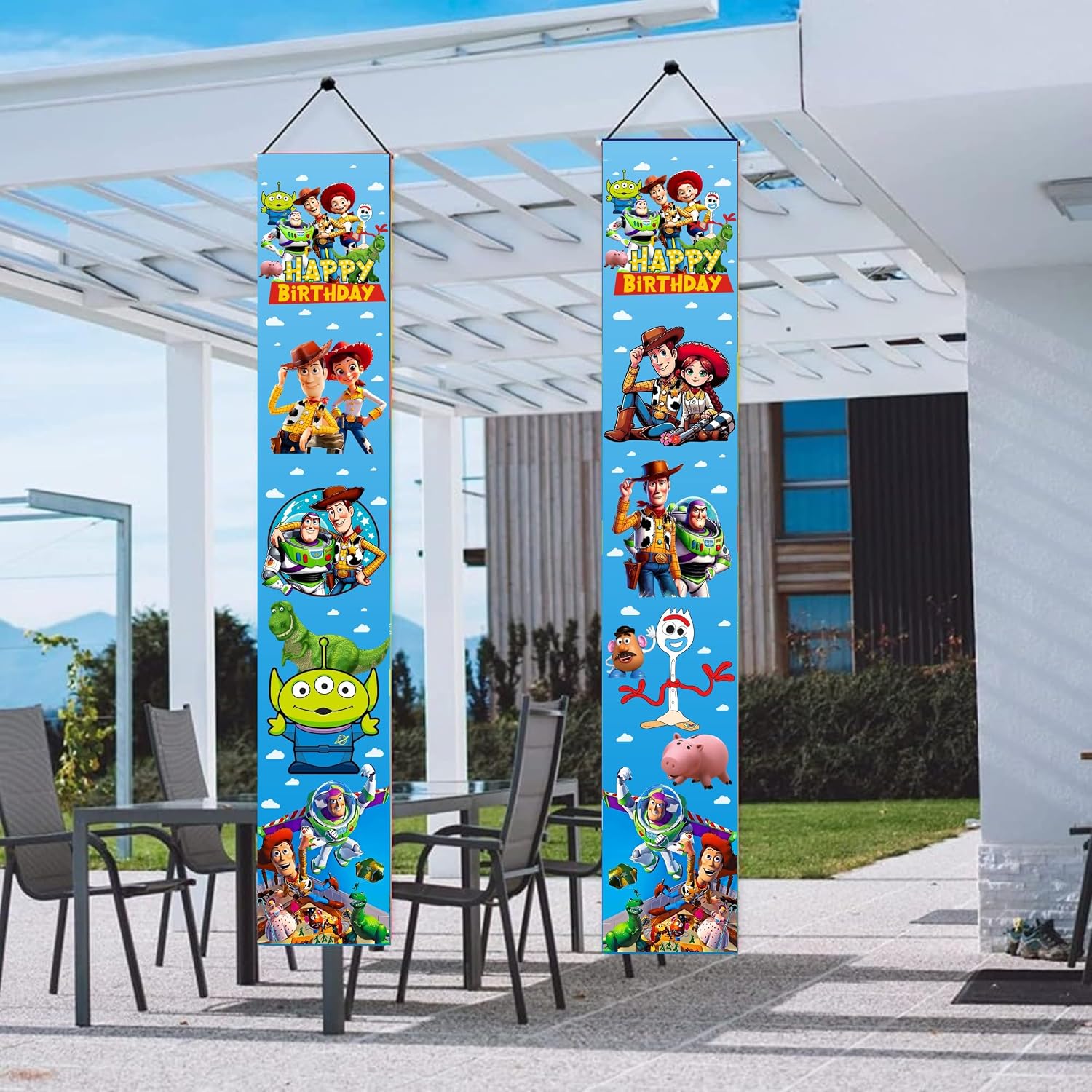 2Pcs Cartoon for Toy Inspired Story Birthday Porch Sign Door Hanging Banner Cartoon Birthday Party Supplies for Wall Decorations.